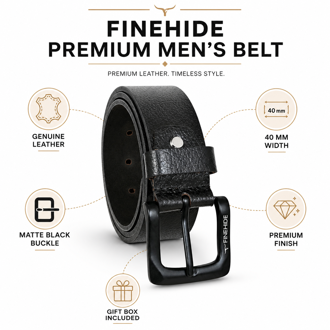 FINEHIDE Genuine Leather Belt for Men Premium Black Leather Casual & Formal Belt with Matte Metal Buckle