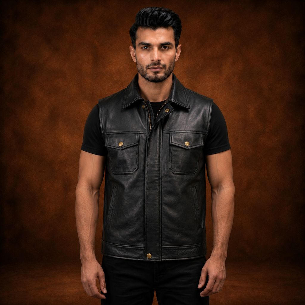 FINEHIDE MEN’S BLACK GENUINE LEATHER SLEEVELESS BIKER VEST FOR MEN