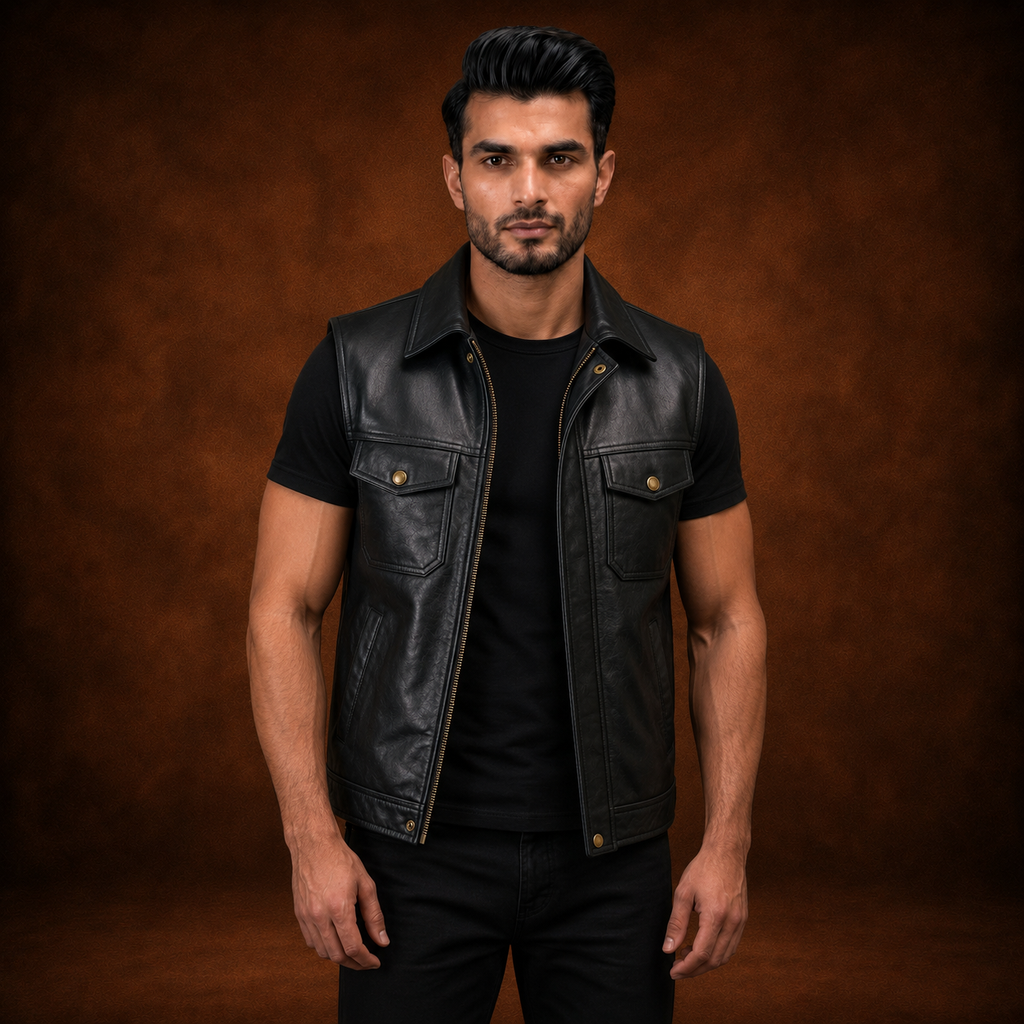 FINEHIDE MEN’S BLACK GENUINE LEATHER SLEEVELESS BIKER VEST FOR MEN