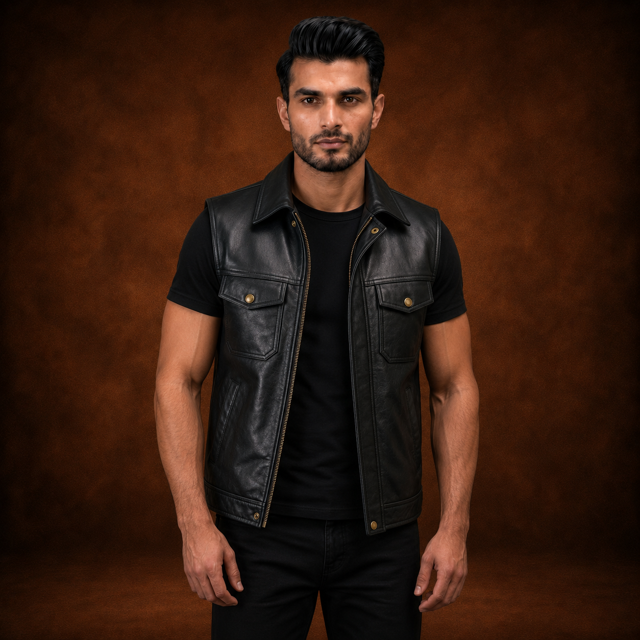 FINEHIDE MEN’S BLACK GENUINE LEATHER SLEEVELESS BIKER VEST FOR MEN