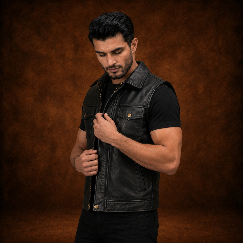 FINEHIDE MEN’S BLACK GENUINE LEATHER SLEEVELESS BIKER VEST FOR MEN