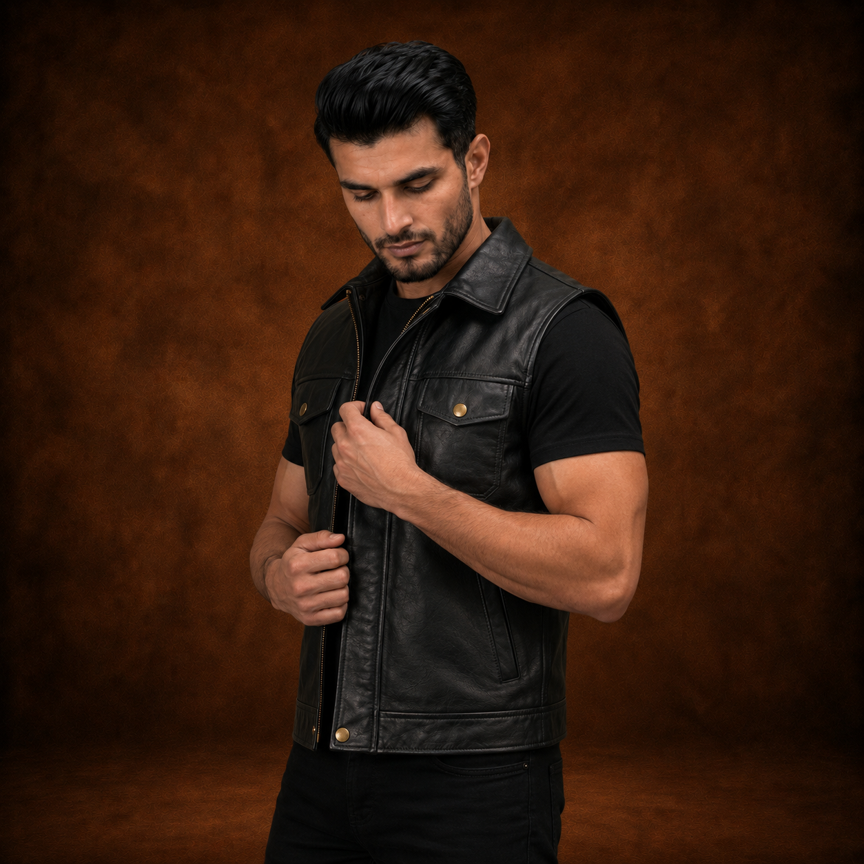 FINEHIDE MEN’S BLACK GENUINE LEATHER SLEEVELESS BIKER VEST FOR MEN