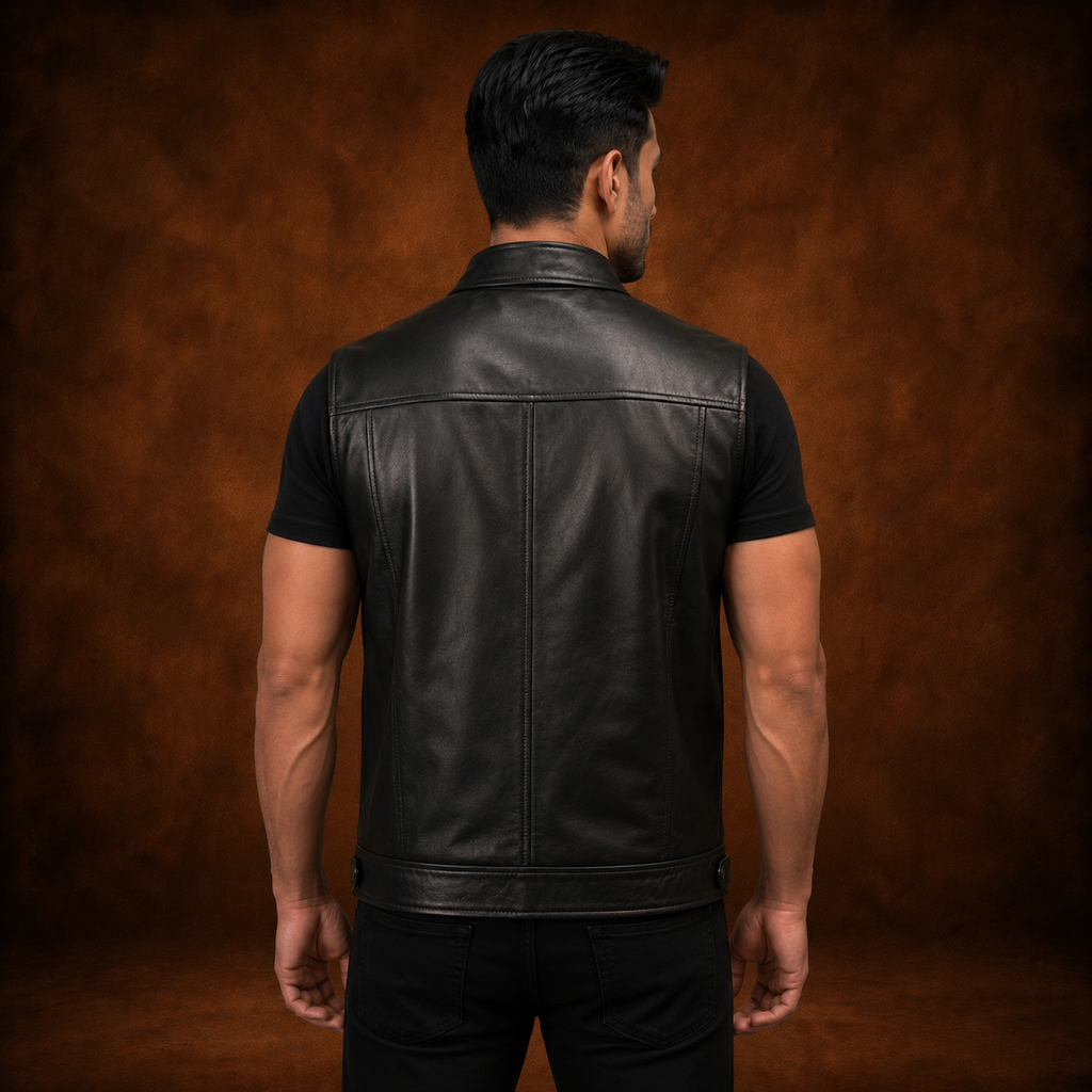 FINEHIDE MEN’S BLACK GENUINE LEATHER SLEEVELESS BIKER VEST FOR MEN