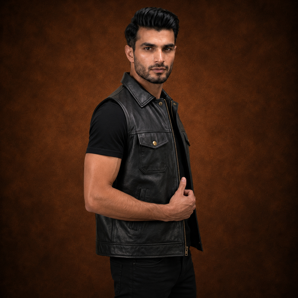 FINEHIDE MEN’S BLACK GENUINE LEATHER SLEEVELESS BIKER VEST FOR MEN