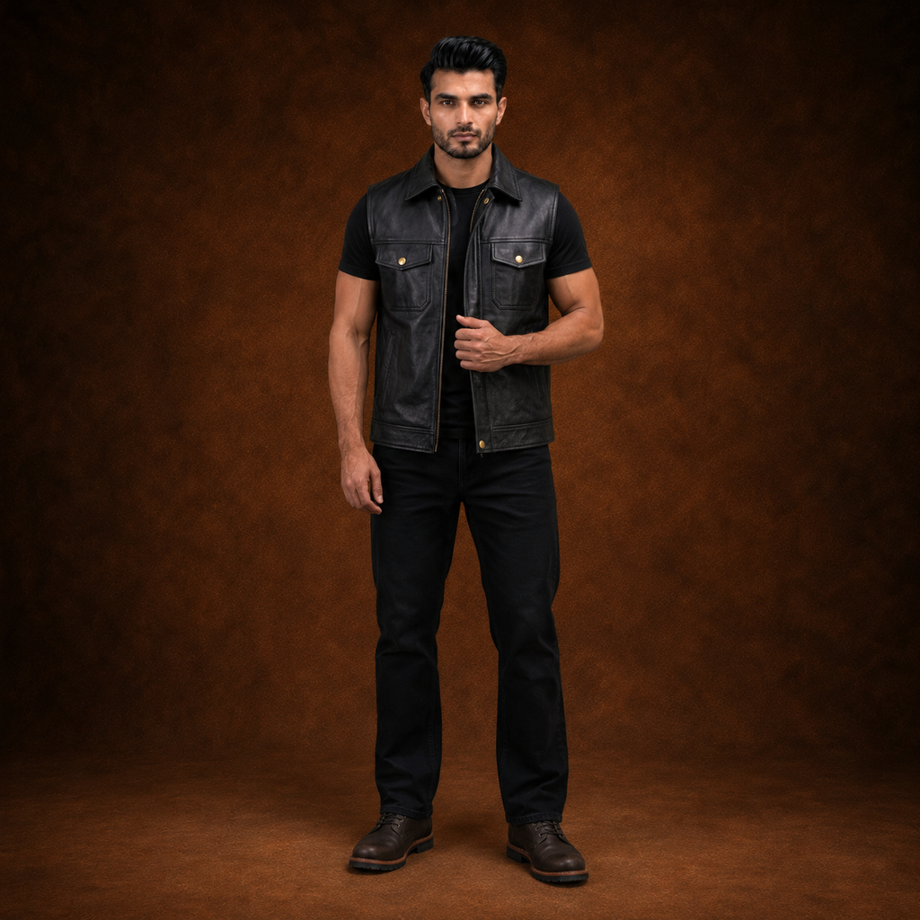 FINEHIDE MEN’S BLACK GENUINE LEATHER SLEEVELESS BIKER VEST FOR MEN