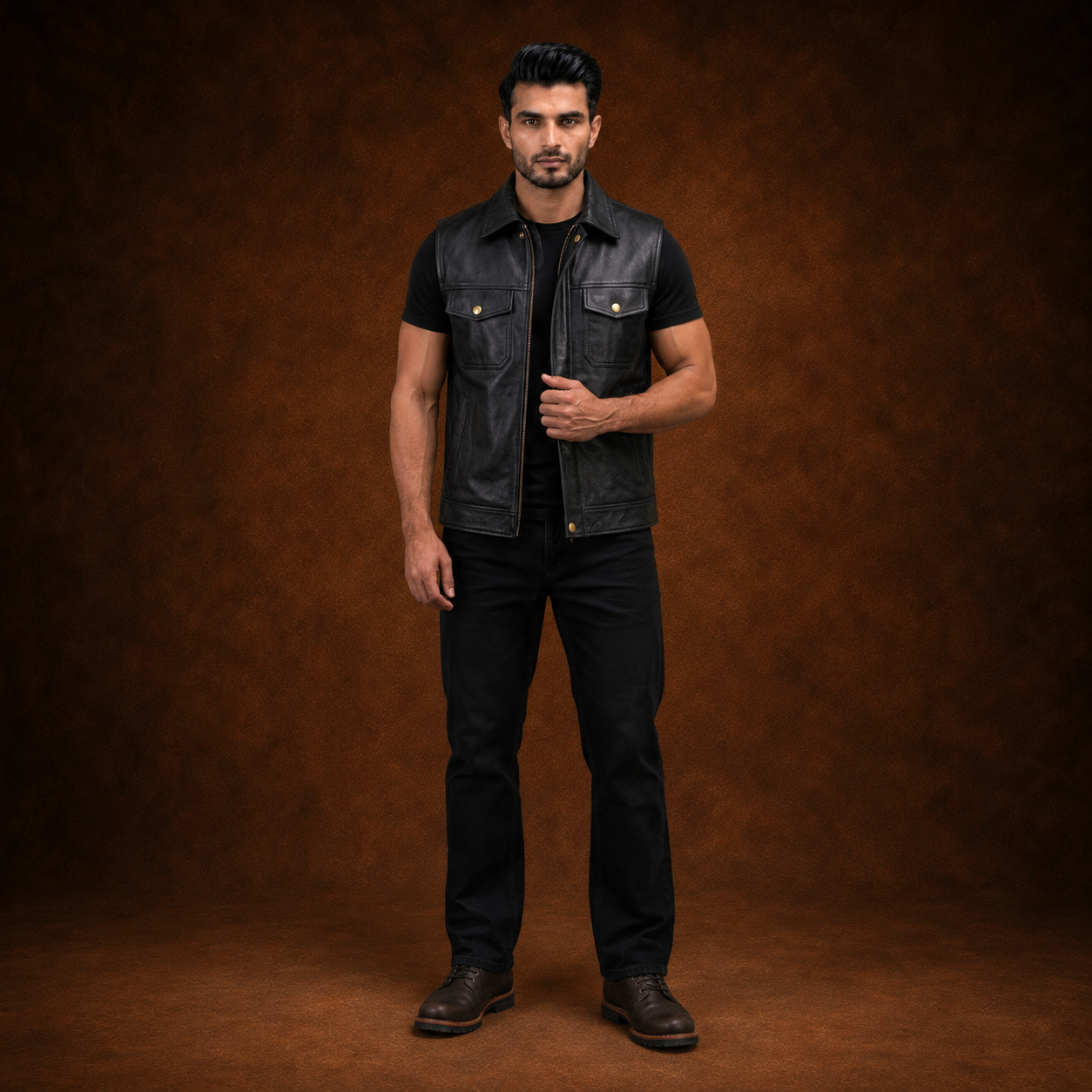 FINEHIDE MEN’S BLACK GENUINE LEATHER SLEEVELESS BIKER VEST FOR MEN
