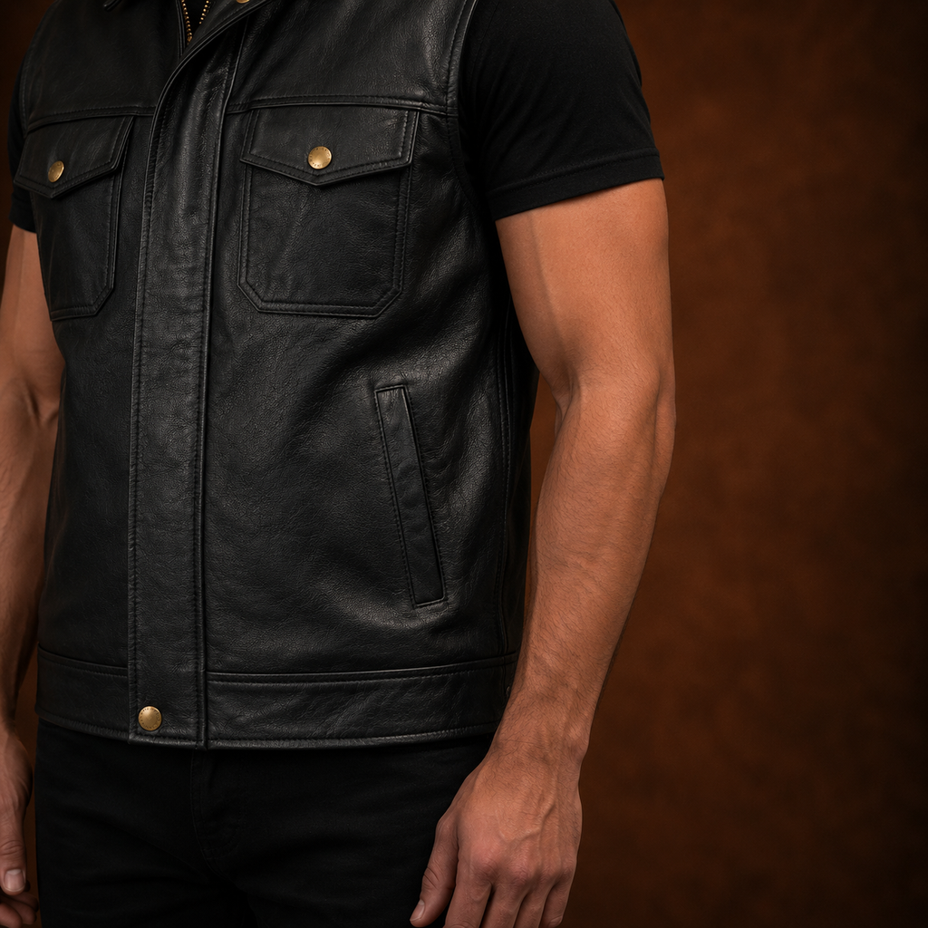 FINEHIDE MEN’S BLACK GENUINE LEATHER SLEEVELESS BIKER VEST FOR MEN