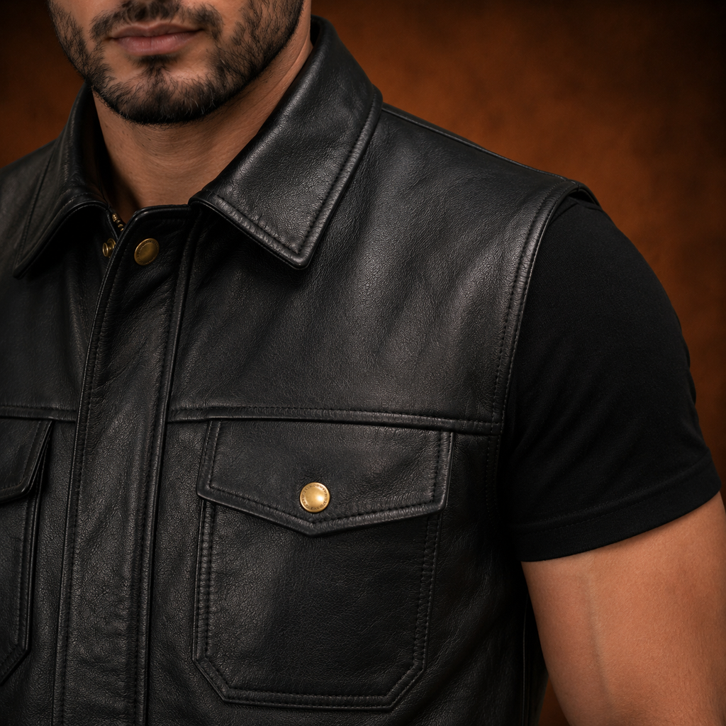 FINEHIDE MEN’S BLACK GENUINE LEATHER SLEEVELESS BIKER VEST FOR MEN
