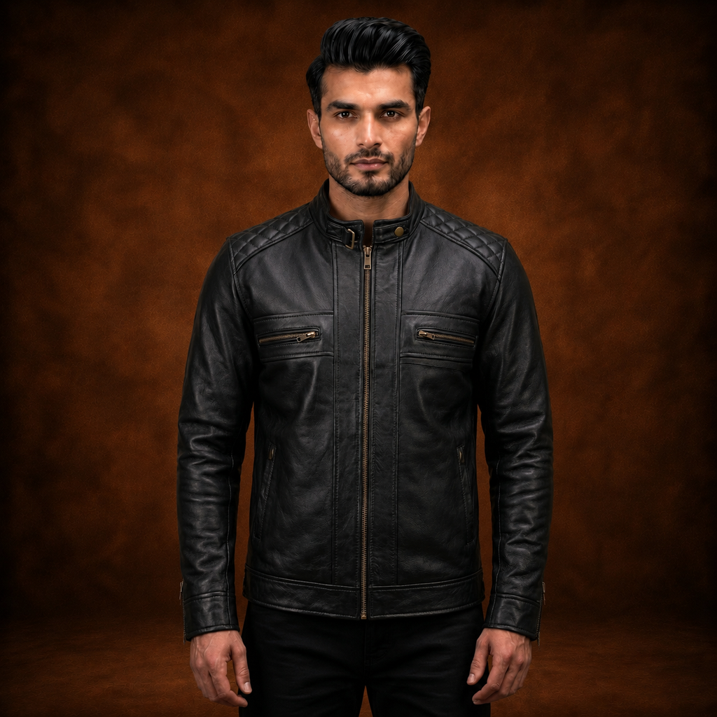 FINEHIDE MEN’S BLACK GENUINE LEATHER CAFE RACER JACKET FOR MEN