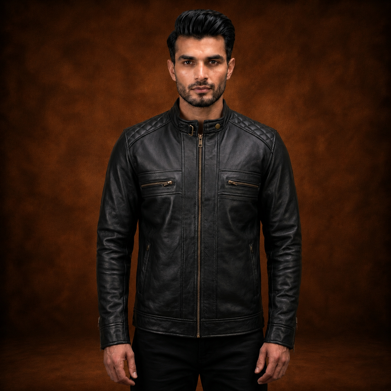 FINEHIDE MEN’S BLACK GENUINE LEATHER CAFE RACER JACKET FOR MEN