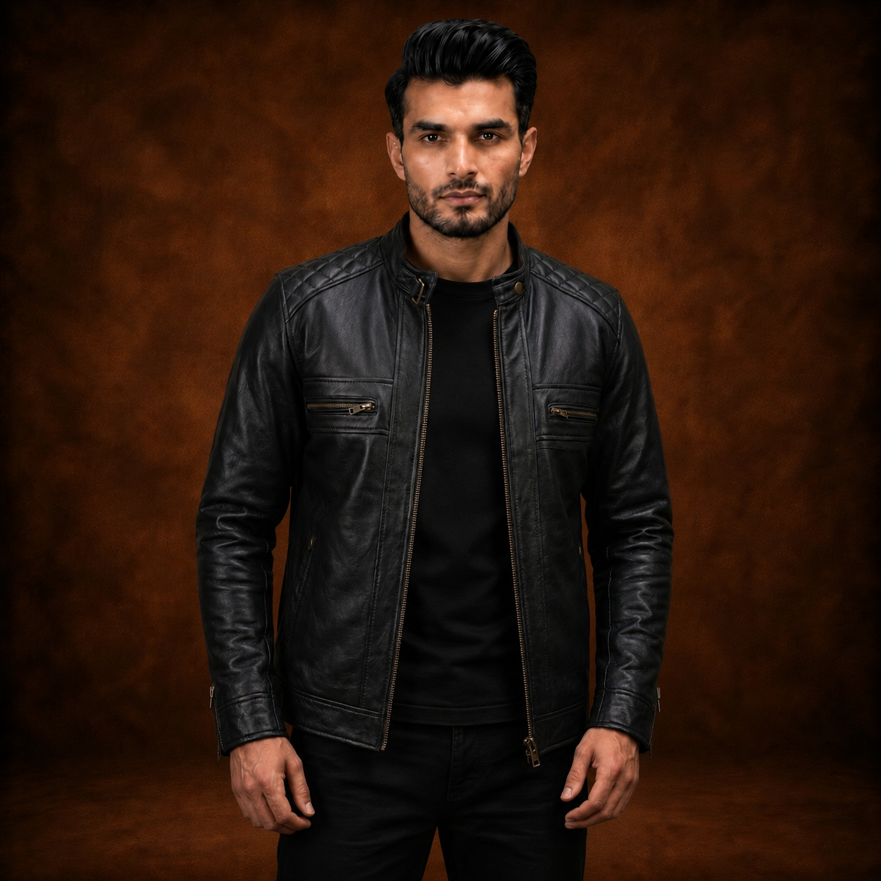 FINEHIDE MEN’S BLACK GENUINE LEATHER CAFE RACER JACKET FOR MEN