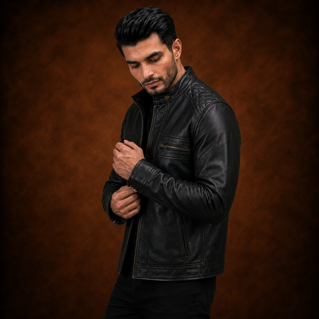 FINEHIDE MEN’S BLACK GENUINE LEATHER CAFE RACER JACKET FOR MEN