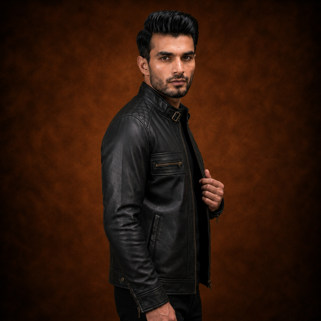 FINEHIDE MEN’S BLACK GENUINE LEATHER CAFE RACER JACKET FOR MEN