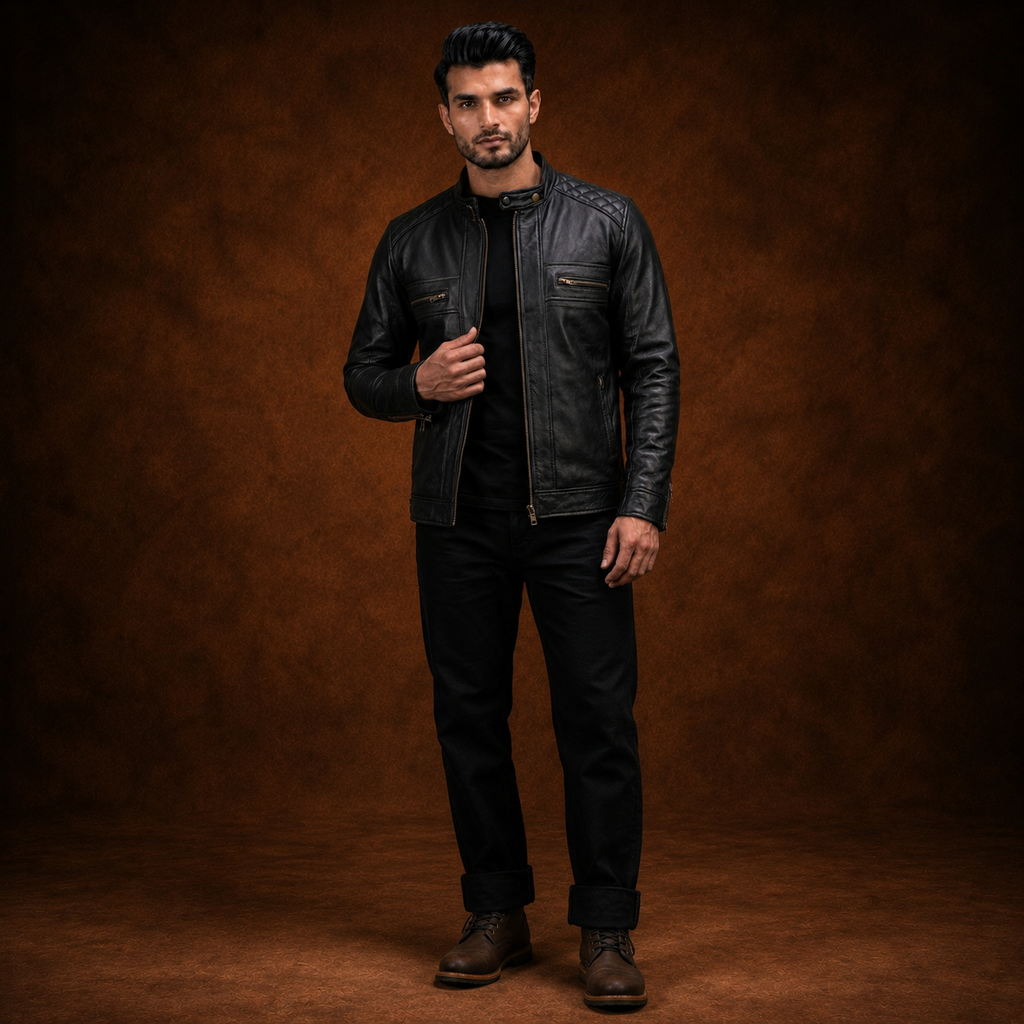 FINEHIDE MEN’S BLACK GENUINE LEATHER CAFE RACER JACKET FOR MEN