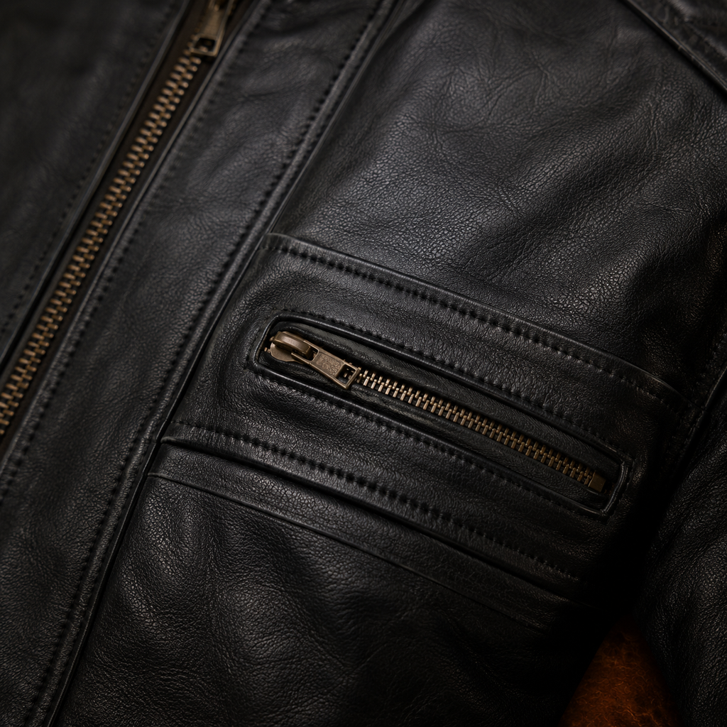 FINEHIDE MEN’S BLACK GENUINE LEATHER CAFE RACER JACKET FOR MEN