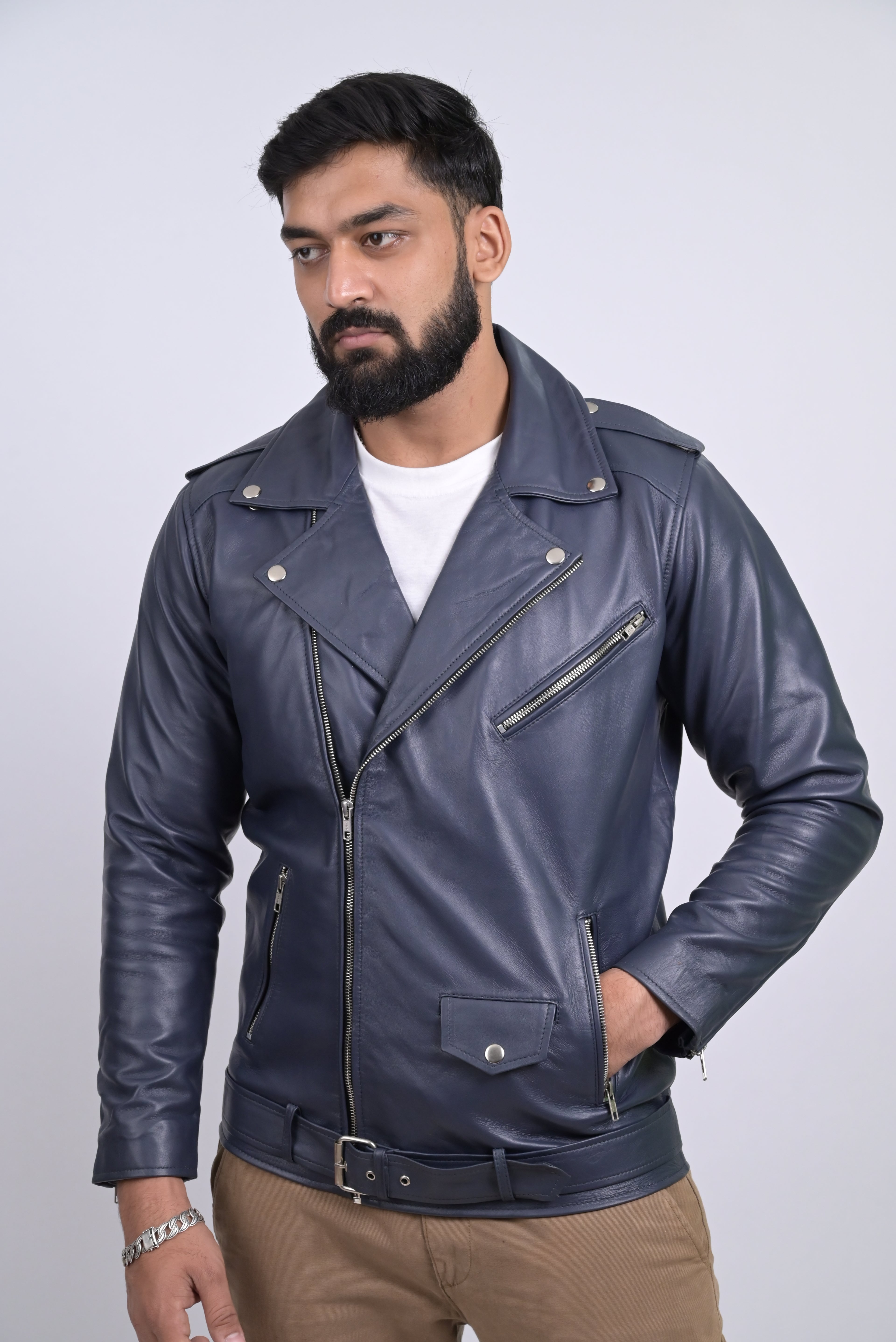 FINEHIDE NAVY REBEL RIDER / BIKER GENUINE LEATHER JACKETS FOR MENS