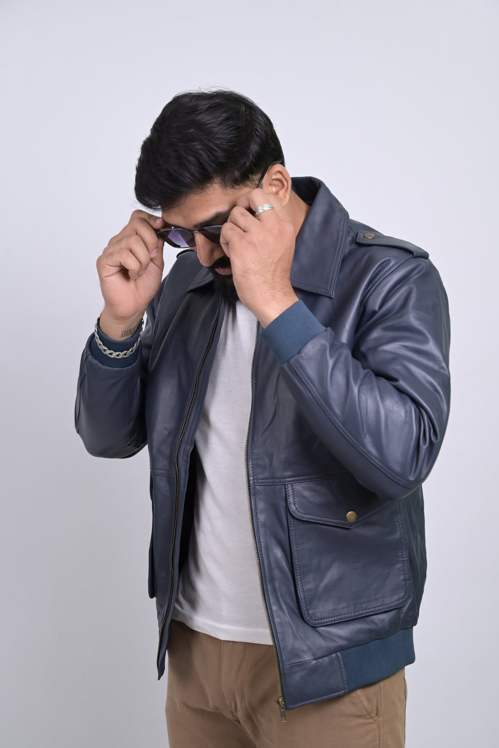 FINEHIDE NAVY SQUADRON BLUE BOMBER STYLE GENUINE LEATHER JACKETS FOR MENS