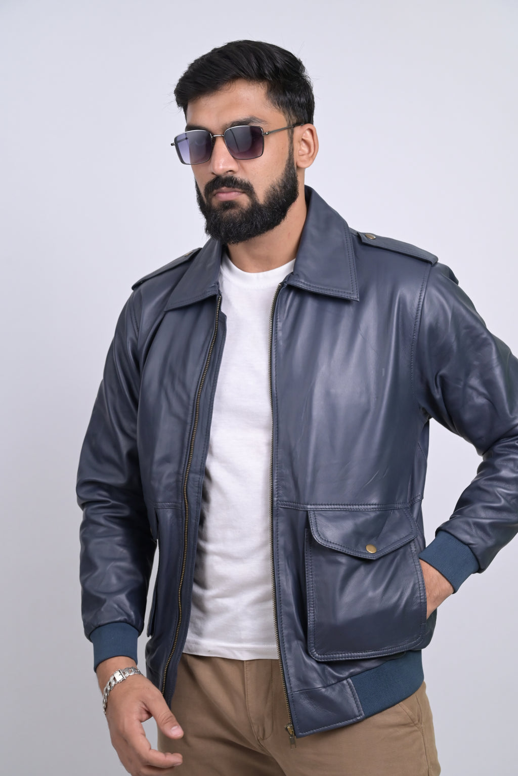 FINEHIDE NAVY SQUADRON BLUE BOMBER STYLE GENUINE LEATHER JACKETS FOR MENS