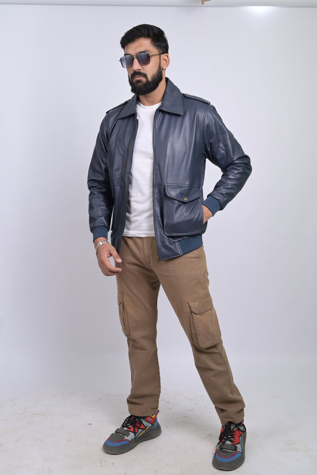 FINEHIDE NAVY SQUADRON BLUE BOMBER STYLE GENUINE LEATHER JACKETS FOR MENS