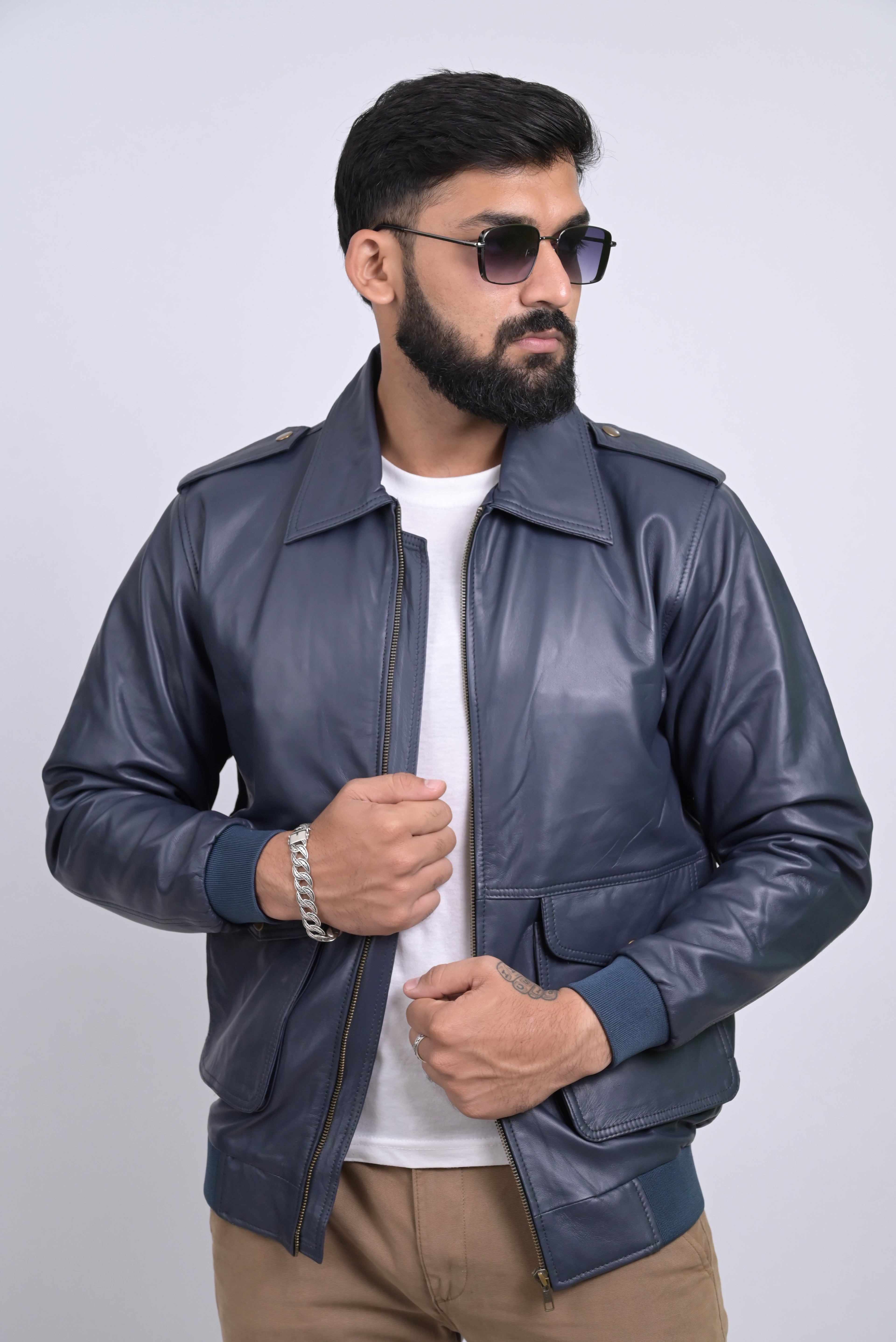 FINEHIDE NAVY SQUADRON BLUE BOMBER STYLE GENUINE LEATHER JACKETS FOR MENS