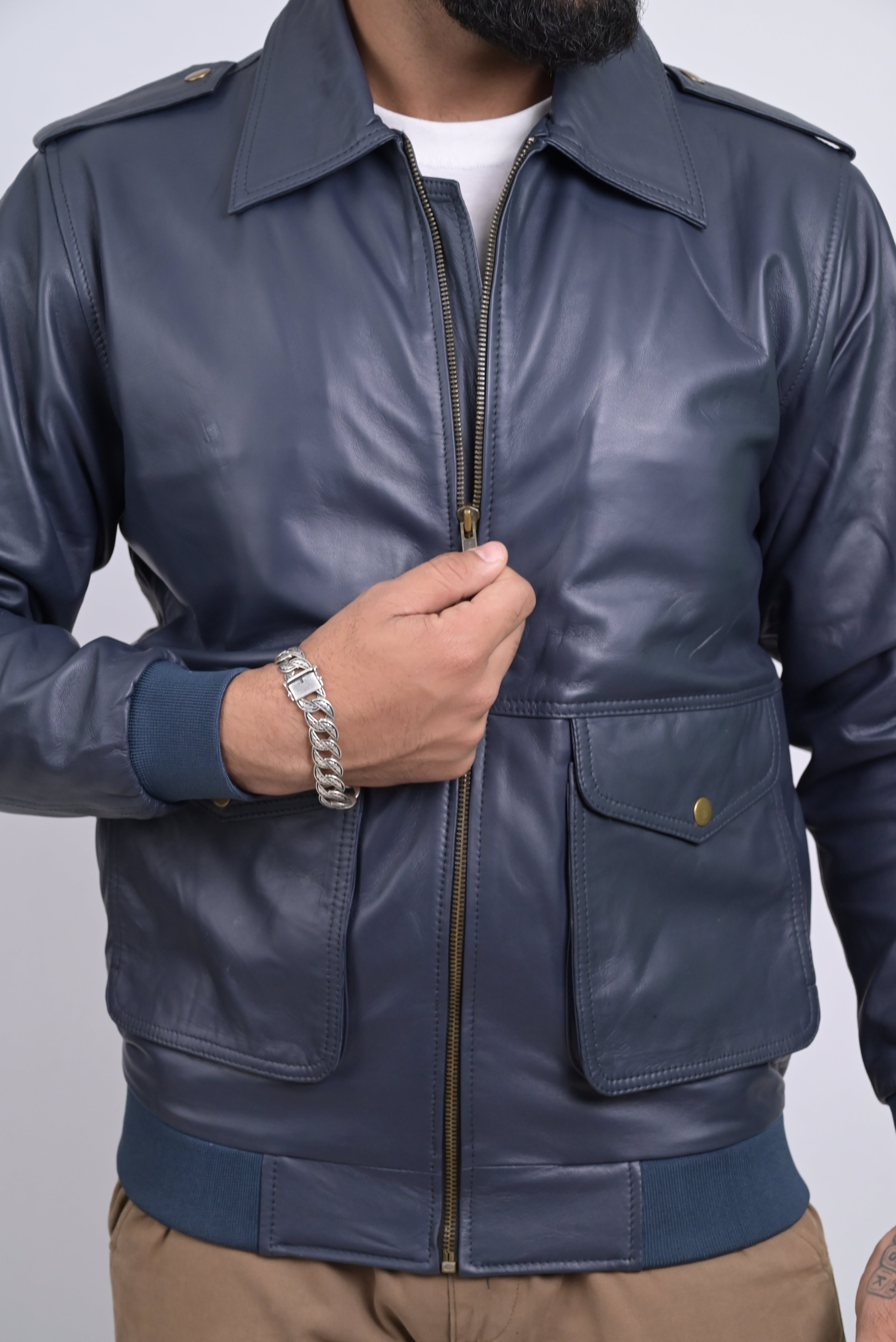 FINEHIDE NAVY SQUADRON BLUE BOMBER STYLE GENUINE LEATHER JACKETS FOR MENS