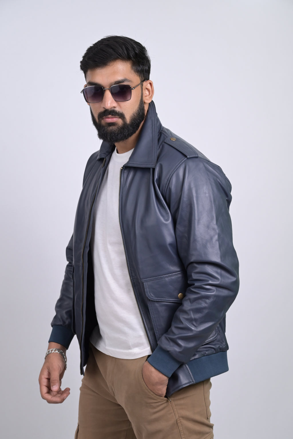 FINEHIDE NAVY SQUADRON BLUE BOMBER STYLE GENUINE LEATHER JACKETS FOR MENS