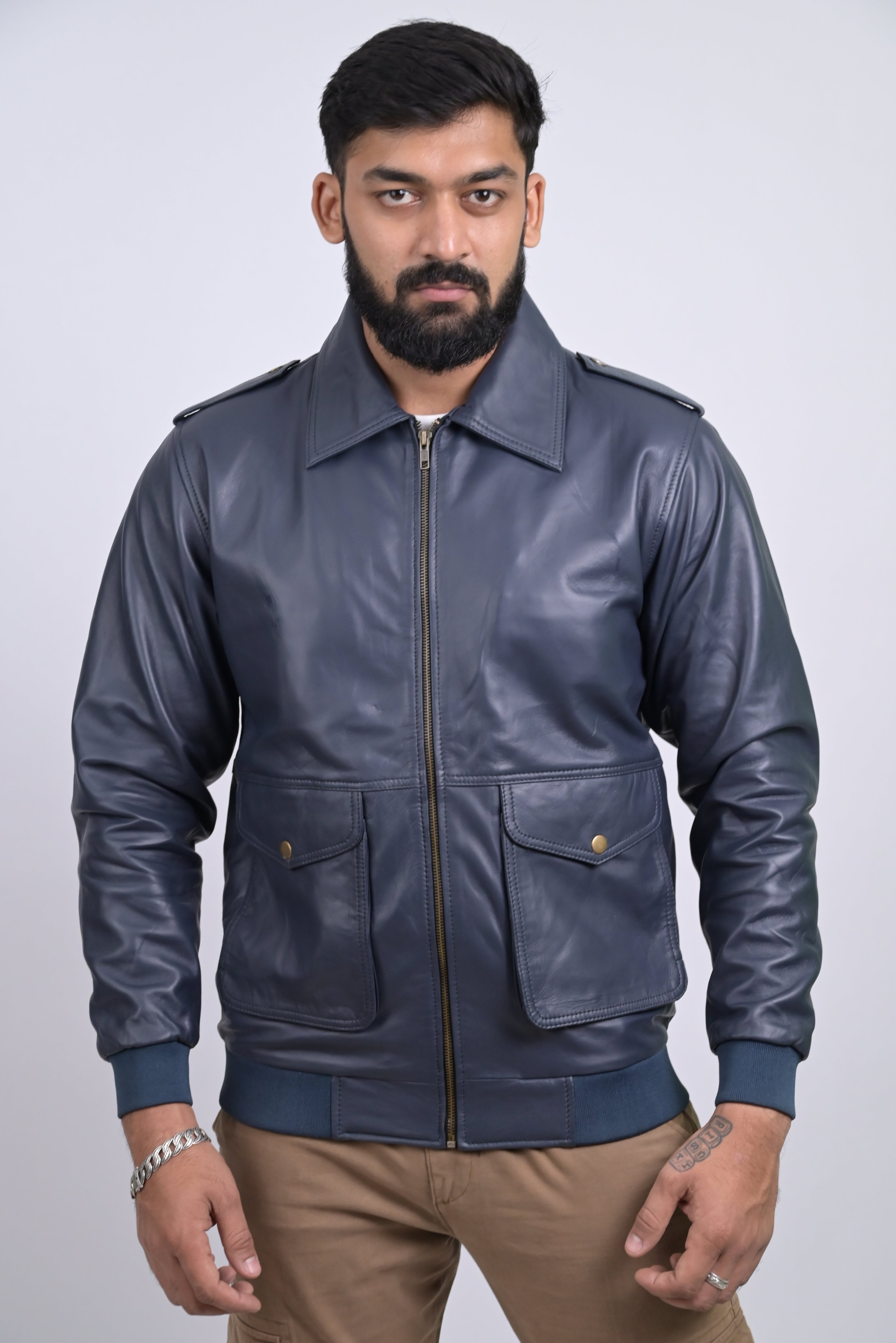FINEHIDE NAVY SQUADRON BLUE BOMBER STYLE GENUINE LEATHER JACKETS FOR MENS