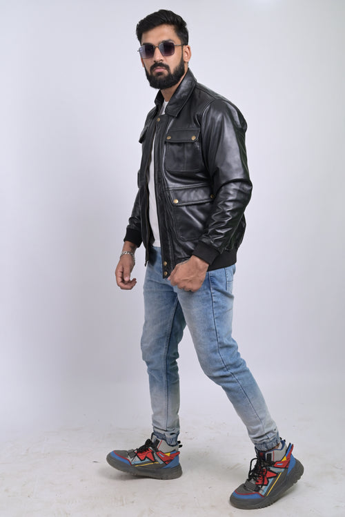 FINEHIDE  BLACK  MULTIPOCKET GENUINE  LEATHER JACKETS FOR MENS