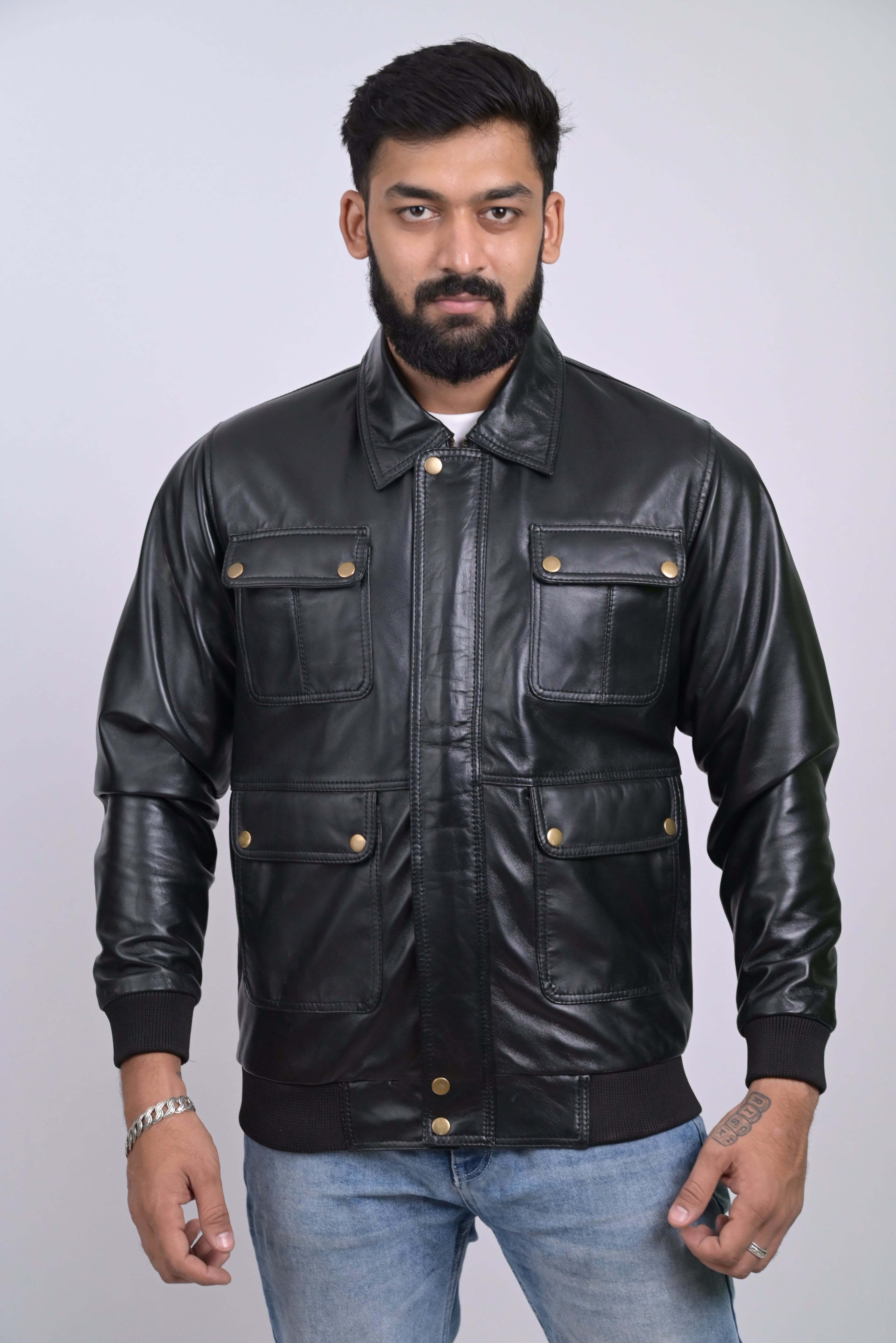 FINEHIDE  BLACK  MULTIPOCKET GENUINE  LEATHER JACKETS FOR MENS