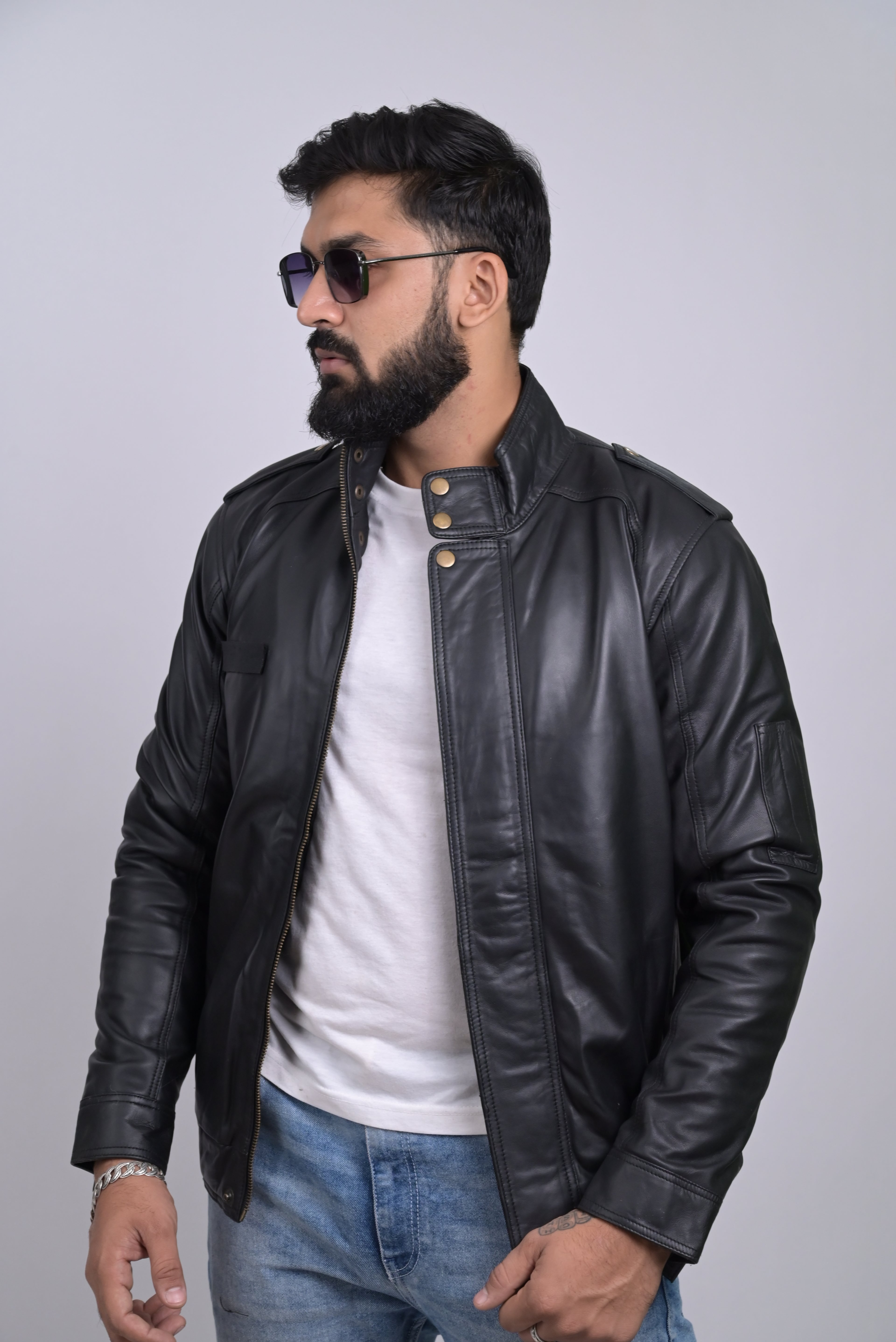 FINEHIDE SHADOW MARSHEL HIGH-NECK BLACK GENUINE LEATHER JACKETS FOR MENS