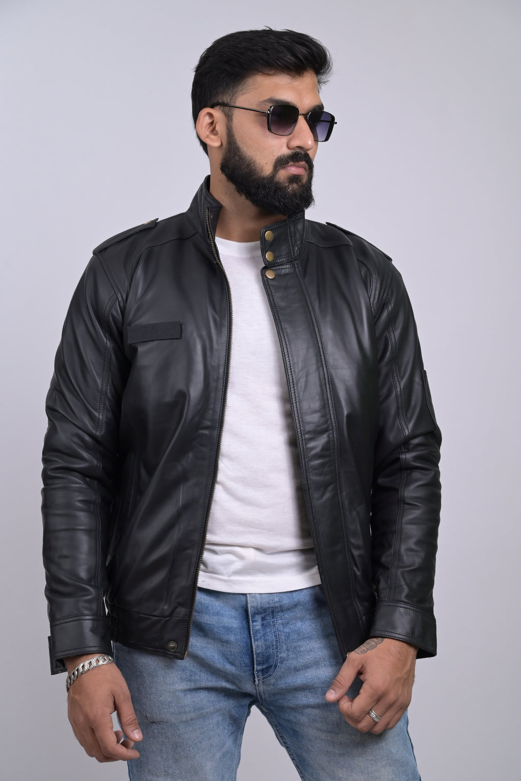 FINEHIDE SHADOW MARSHEL HIGH-NECK BLACK GENUINE LEATHER JACKETS FOR MENS