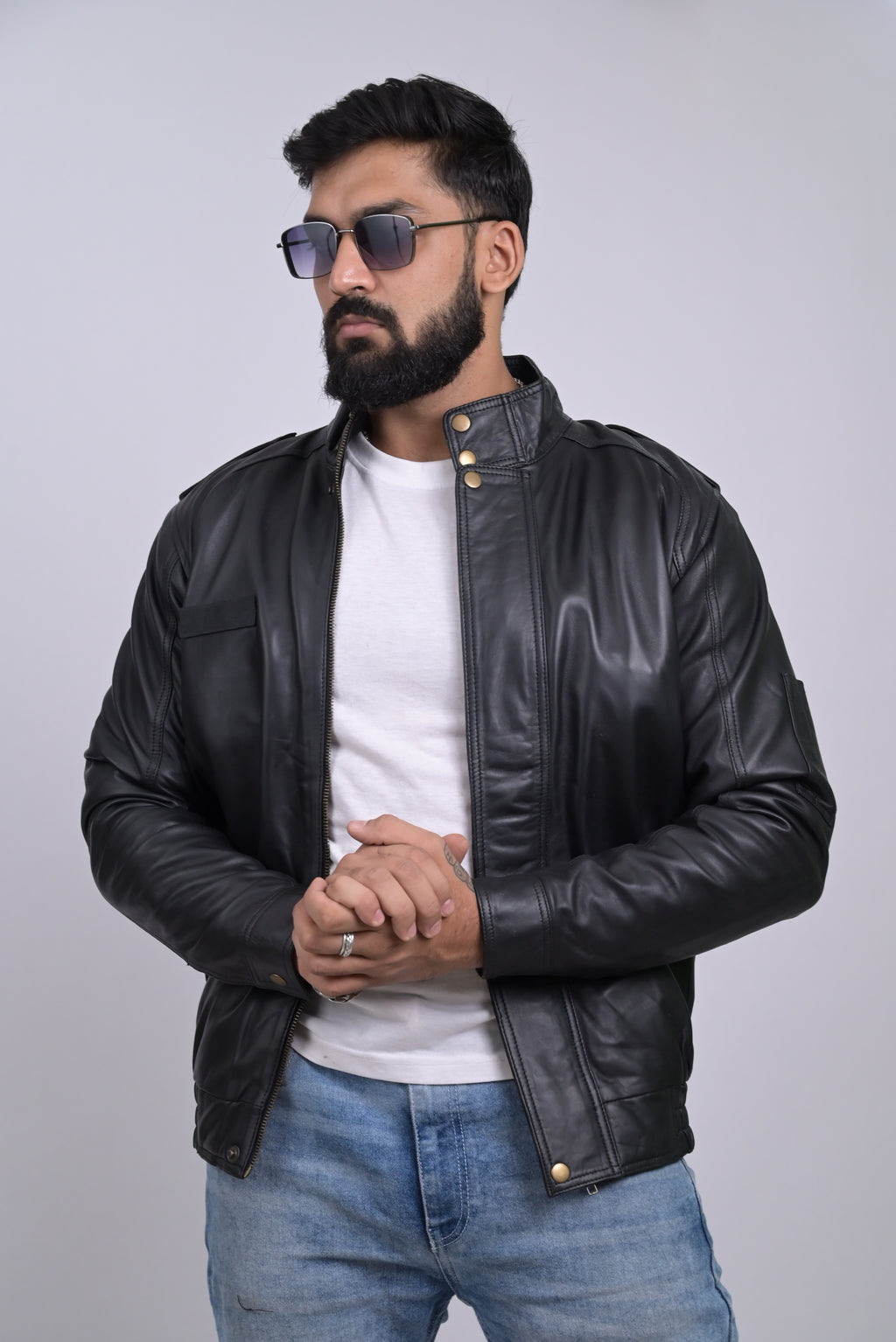 FINEHIDE SHADOW MARSHEL HIGH-NECK BLACK GENUINE LEATHER JACKETS FOR MENS