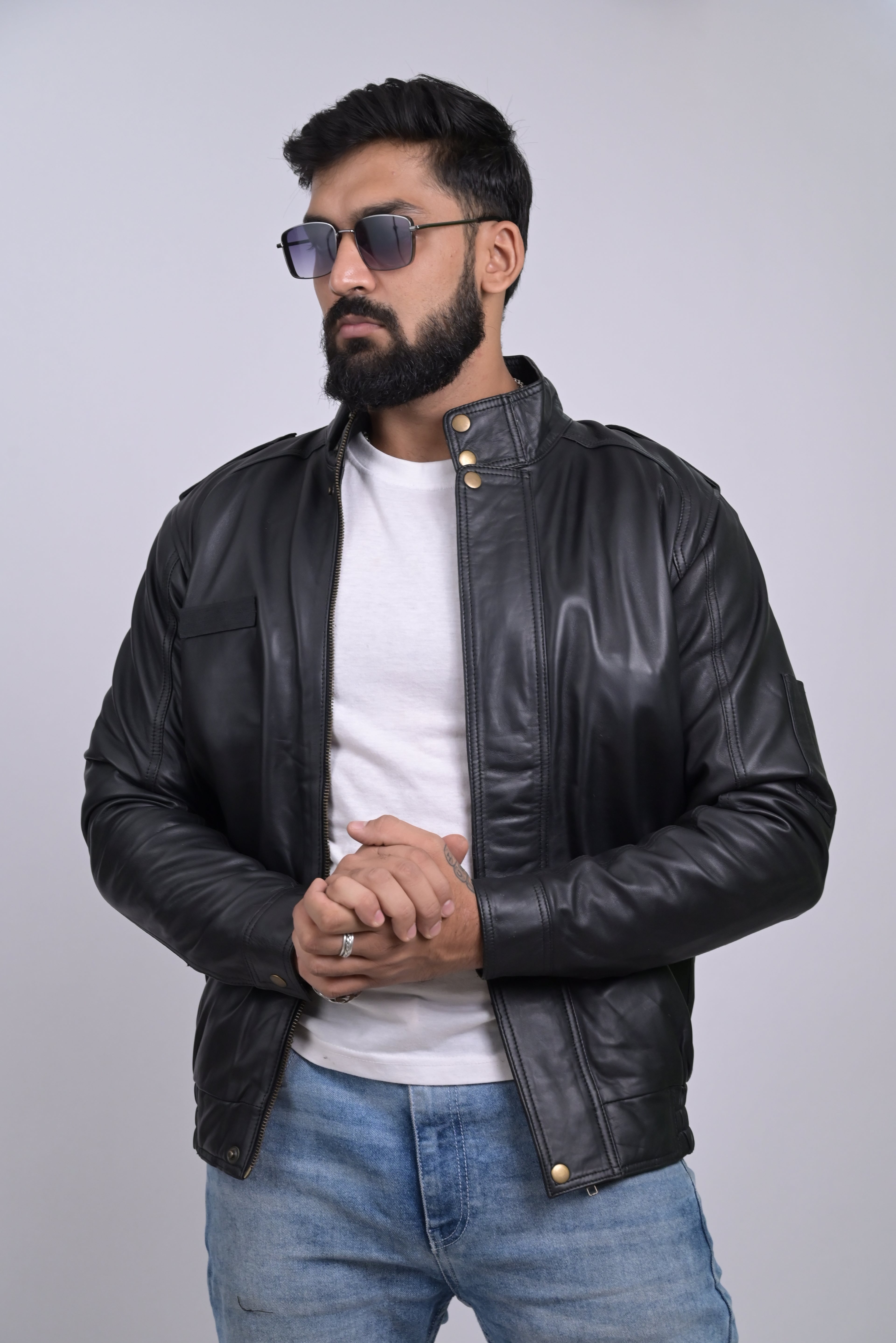 FINEHIDE SHADOW MARSHEL HIGH-NECK BLACK GENUINE LEATHER JACKETS FOR MENS