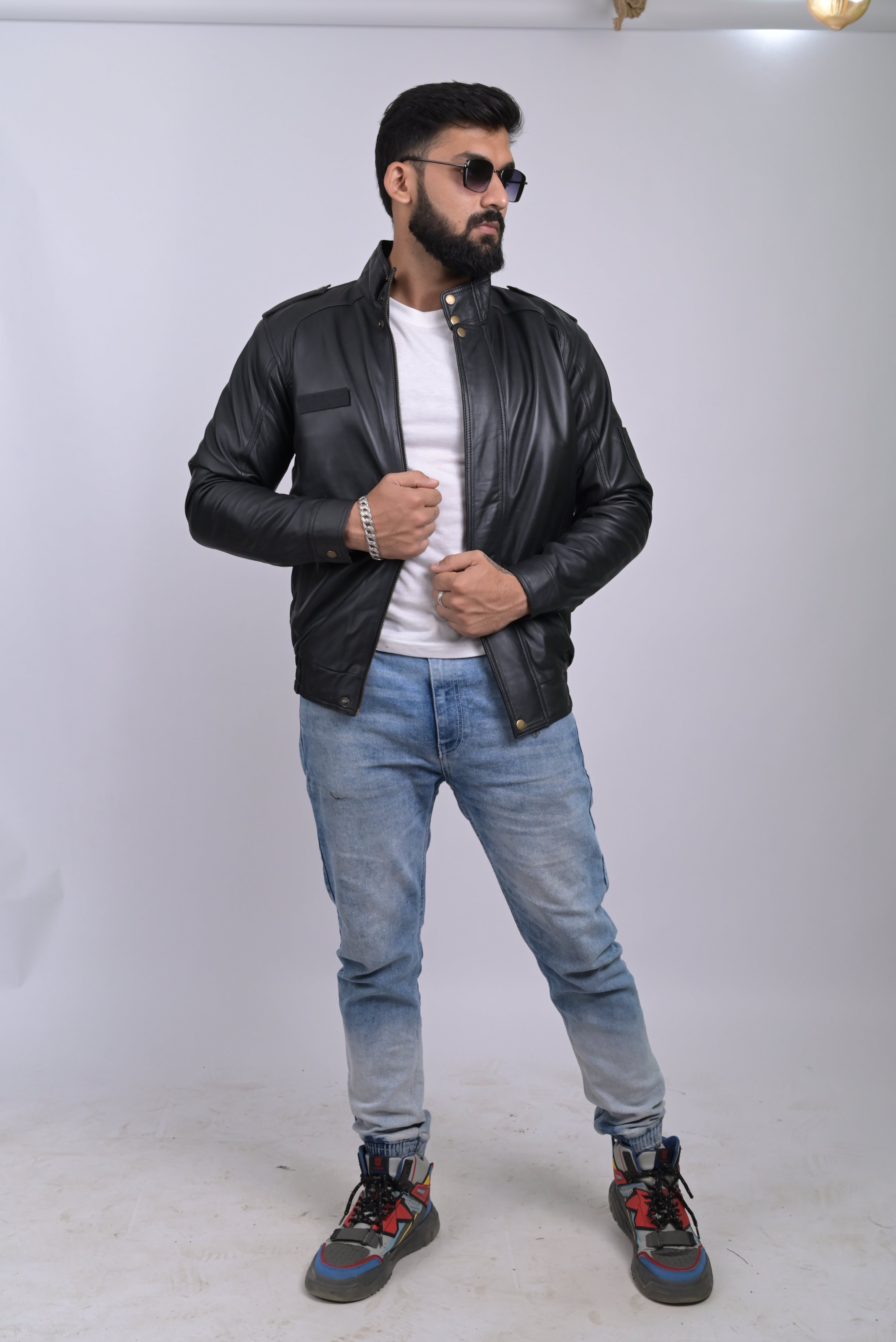 FINEHIDE SHADOW MARSHEL HIGH-NECK BLACK GENUINE LEATHER JACKETS FOR MENS