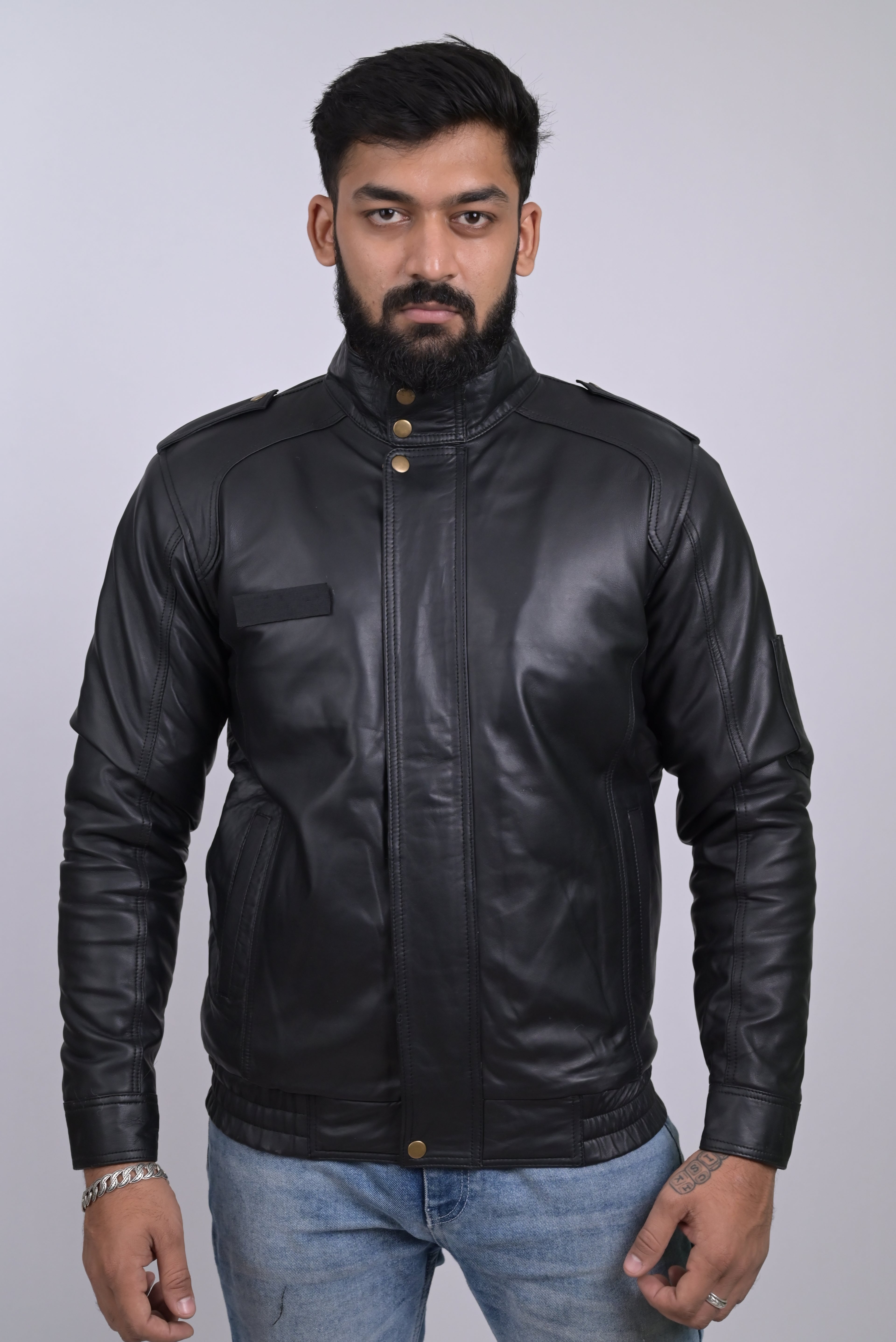 FINEHIDE SHADOW MARSHEL HIGH-NECK BLACK GENUINE LEATHER JACKETS FOR MENS