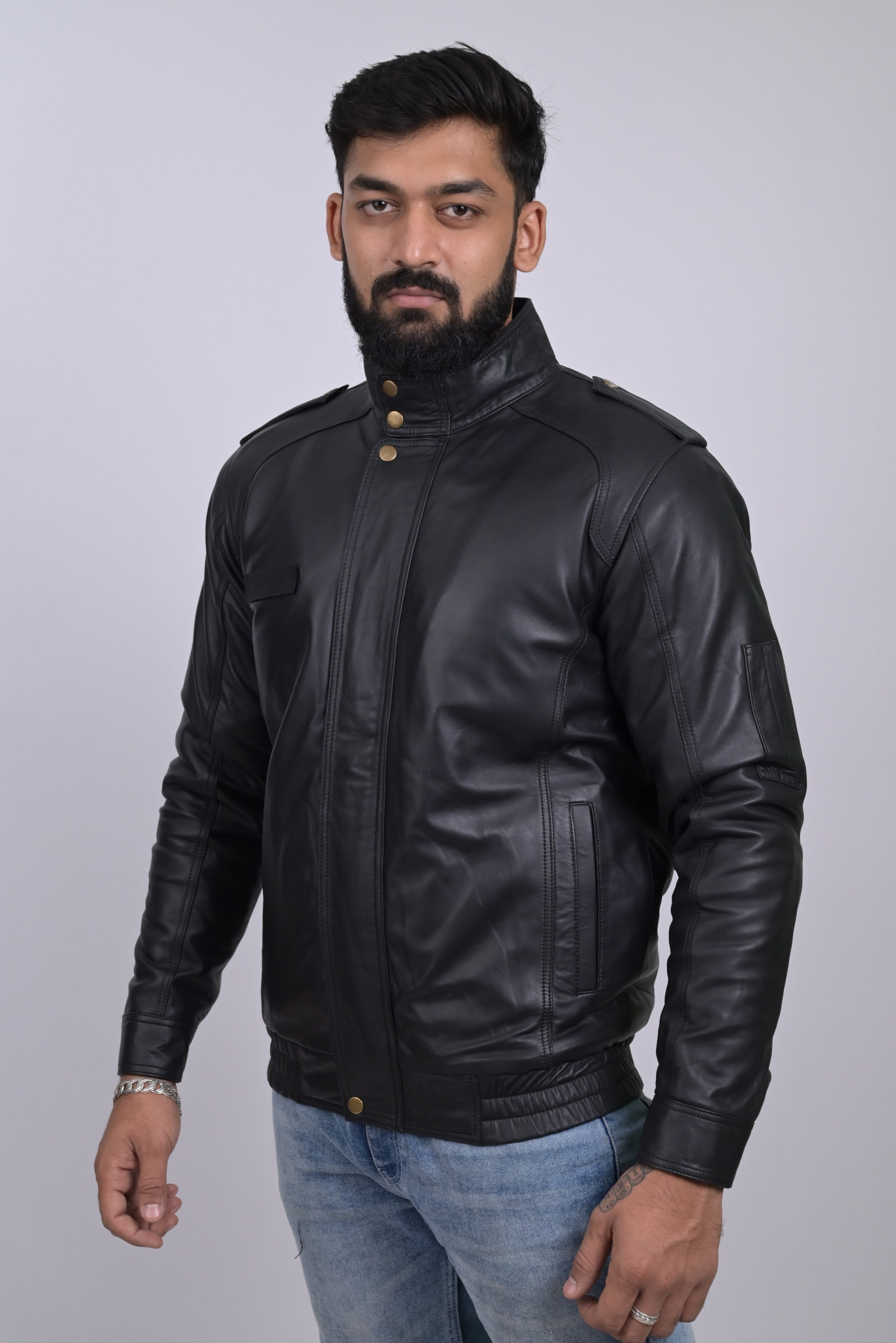 FINEHIDE SHADOW MARSHEL HIGH-NECK BLACK GENUINE LEATHER JACKETS FOR MENS