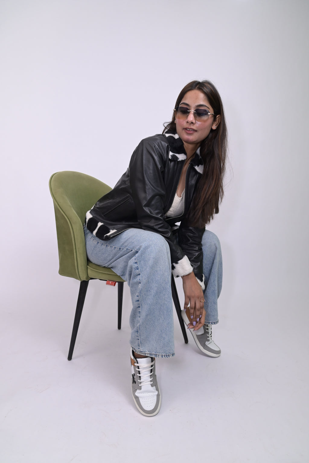 FINEHIDE  BLACK AND WHITE FUR / TRIMMED  GENUINE LEATHER JACKETS FOR WOMEN
