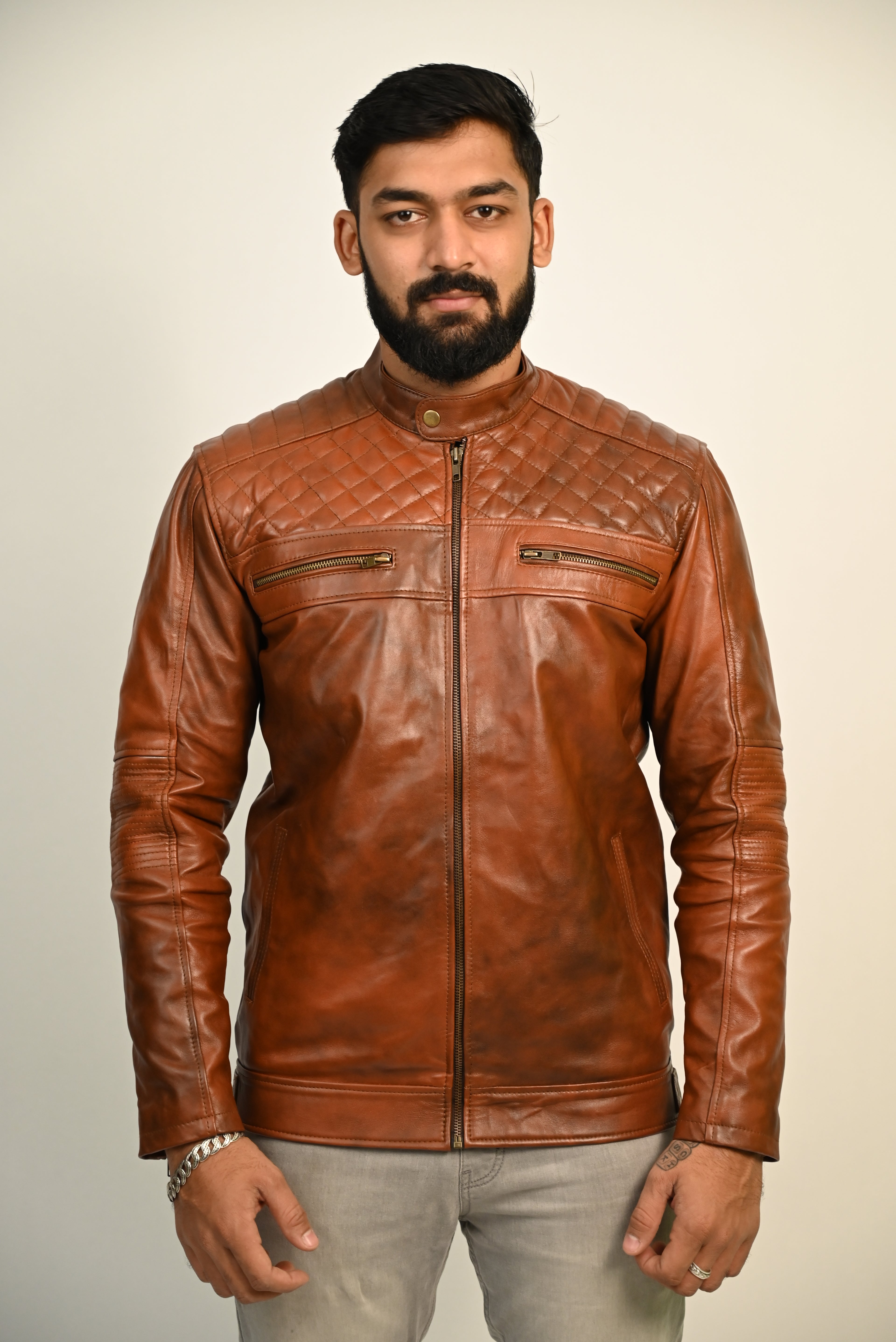 FINEHIDE QUILTED REGAL TANANTIQUE  GENUINE LEATHER JACKETS FOR MENS
