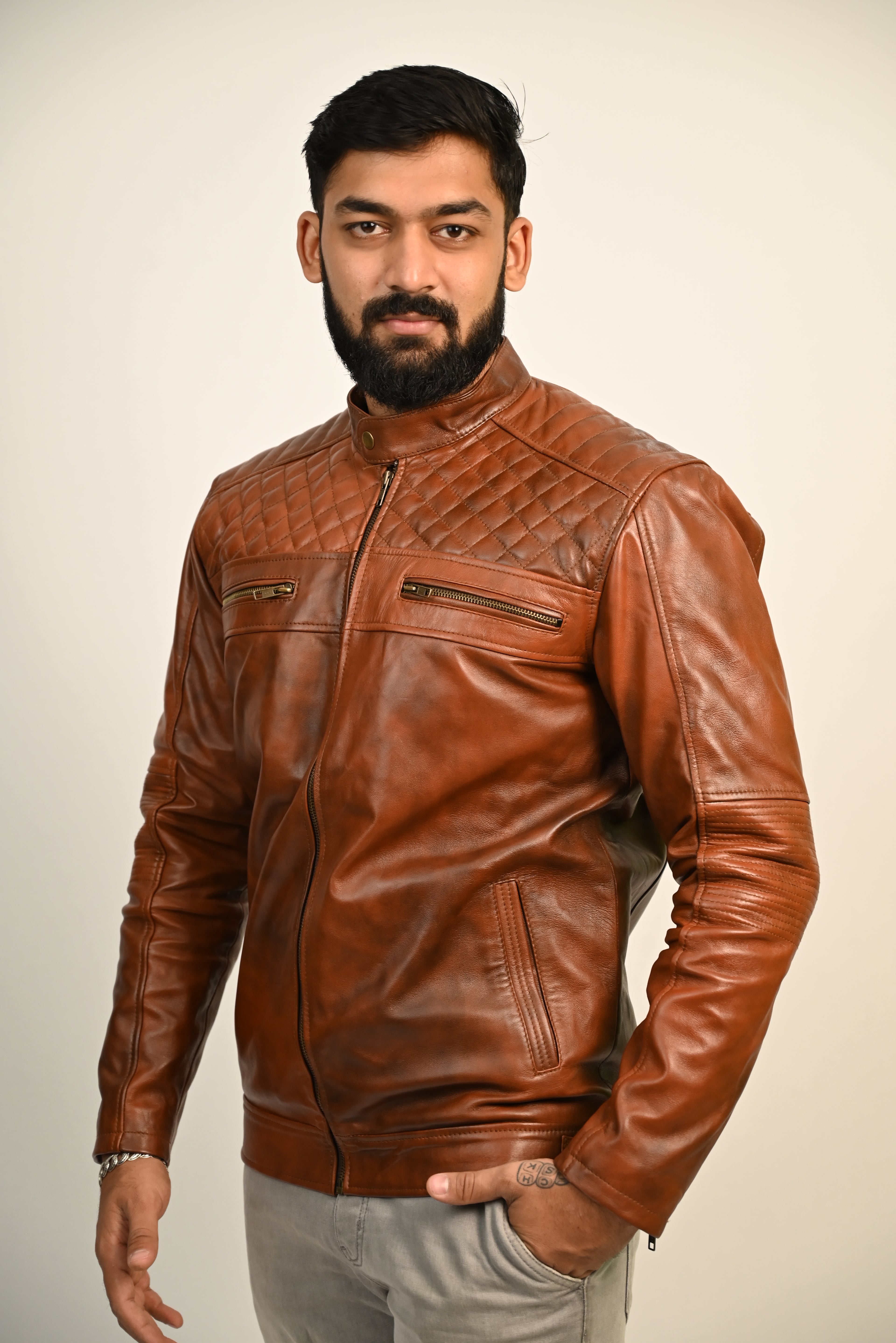 FINEHIDE QUILTED REGAL TANANTIQUE  GENUINE LEATHER JACKETS FOR MENS