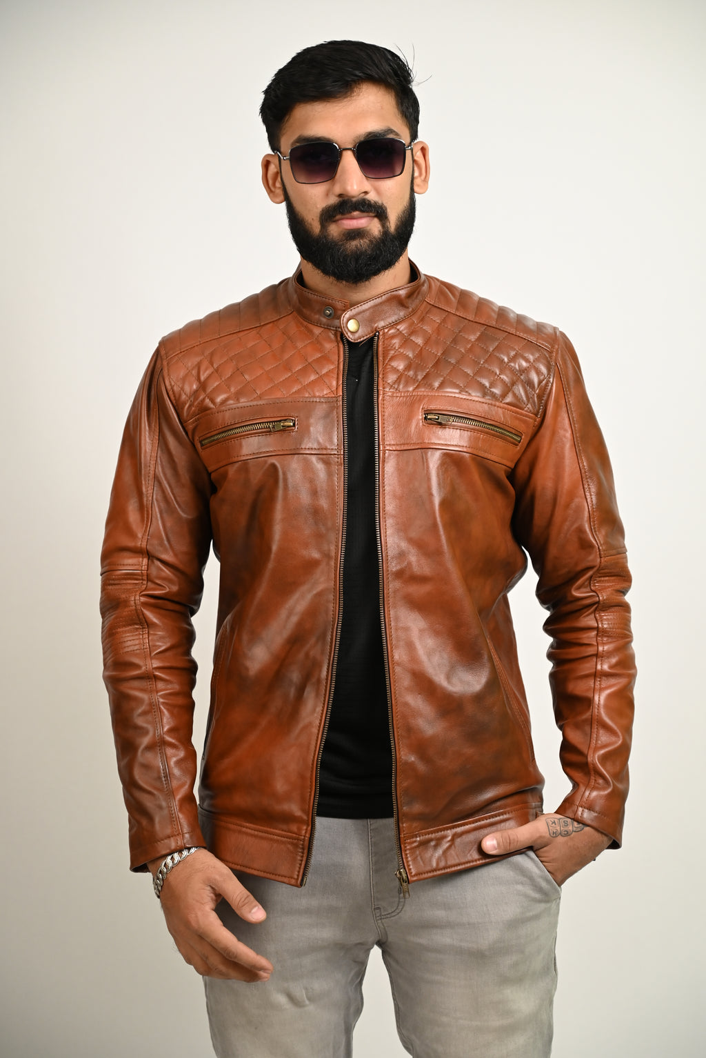 FINEHIDE QUILTED REGAL TANANTIQUE  GENUINE LEATHER JACKETS FOR MENS