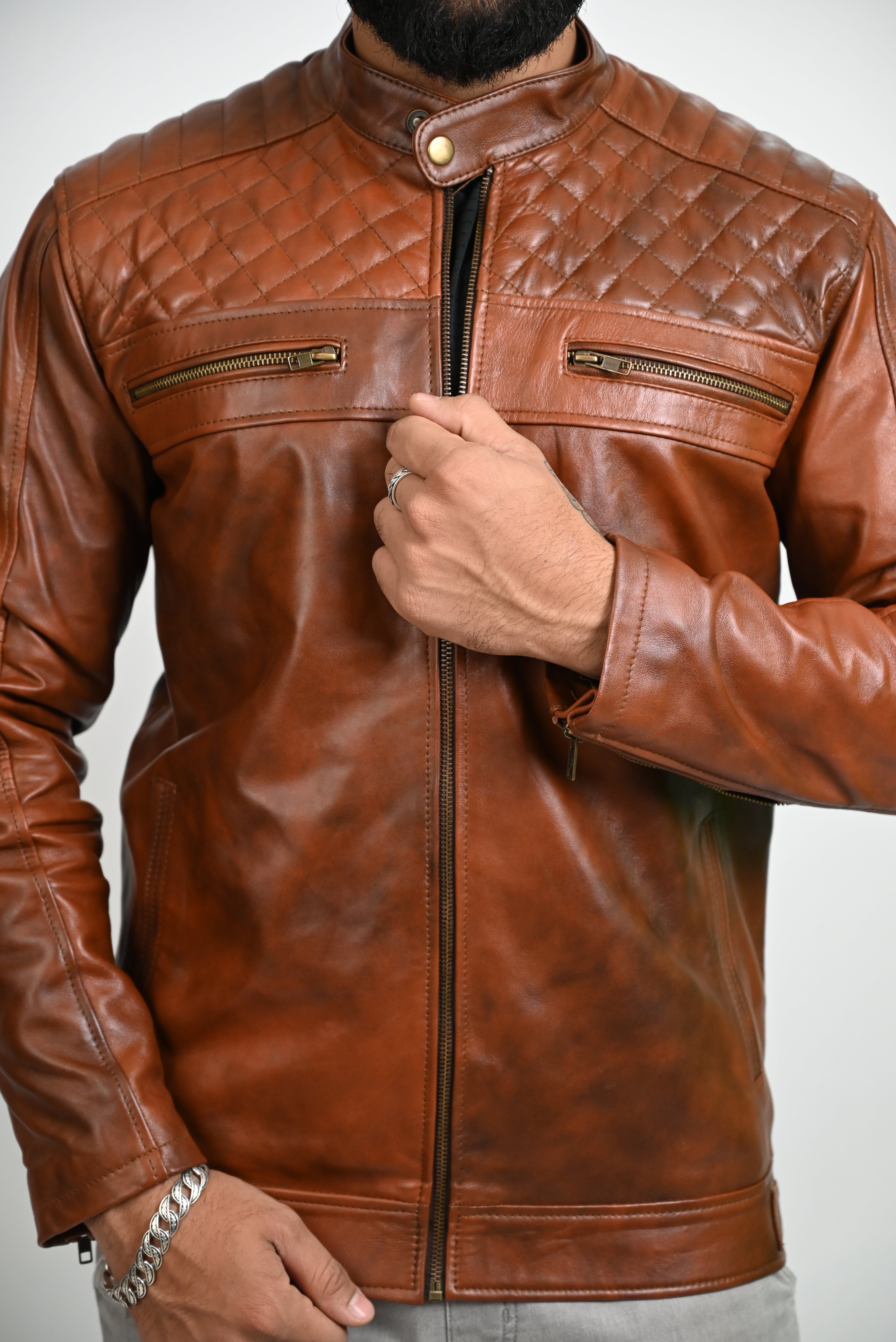 FINEHIDE QUILTED REGAL TANANTIQUE  GENUINE LEATHER JACKETS FOR MENS