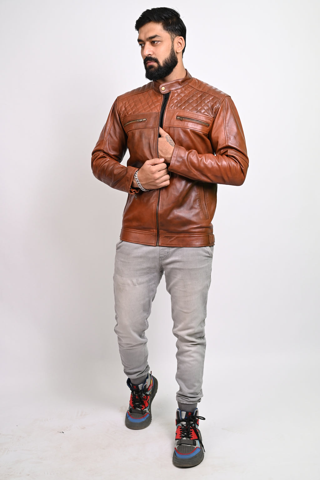FINEHIDE QUILTED REGAL TANANTIQUE  GENUINE LEATHER JACKETS FOR MENS