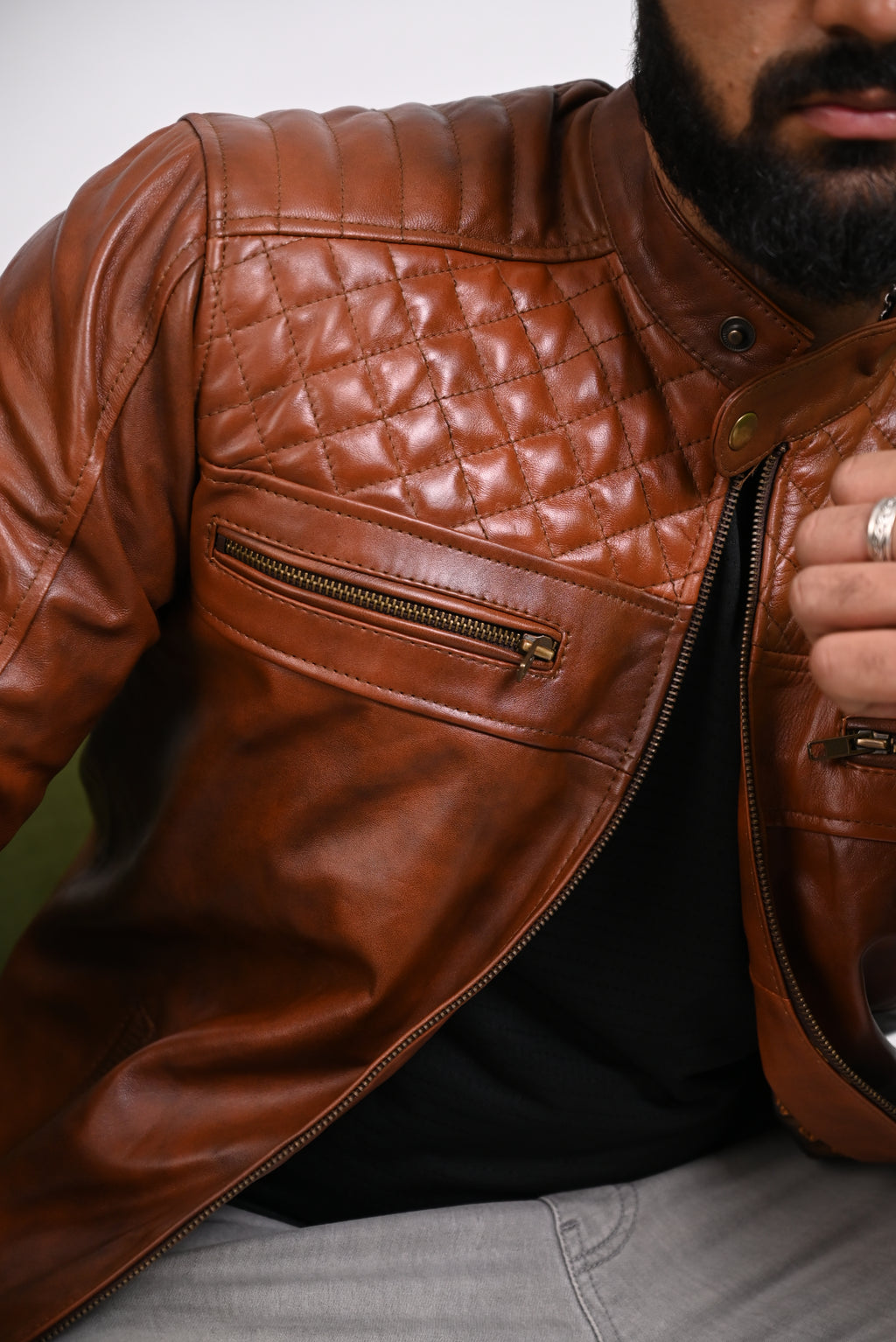 FINEHIDE QUILTED REGAL TANANTIQUE  GENUINE LEATHER JACKETS FOR MENS