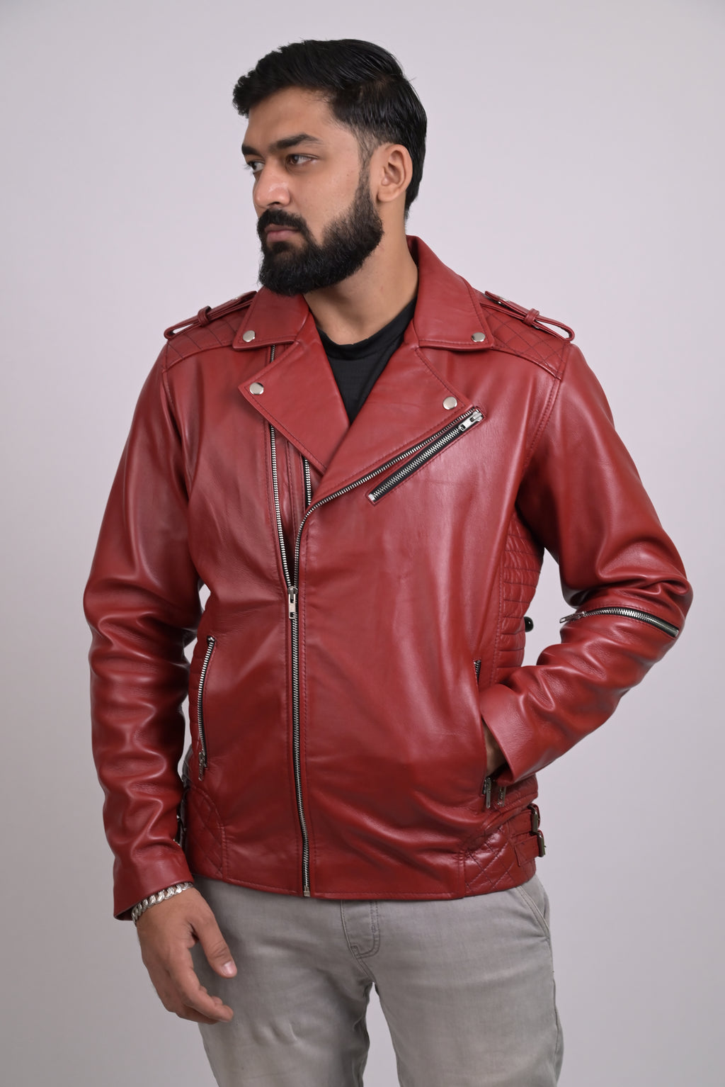 FINEHIDE  BOLD RED BIKER / RIDER GENUINE LEATHER JACKETS FOR MENS