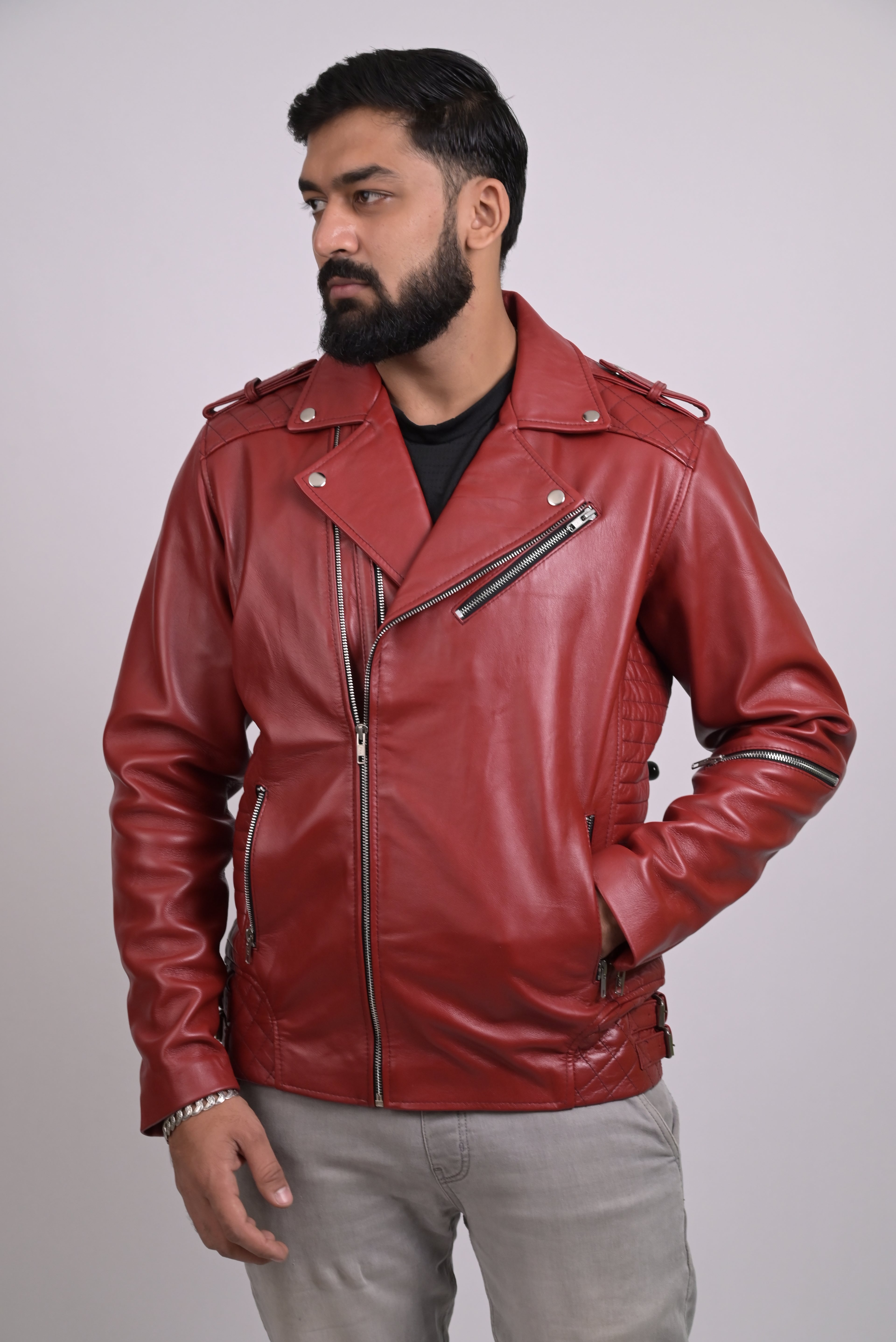FINEHIDE  BOLD RED BIKER / RIDER GENUINE LEATHER JACKETS FOR MENS