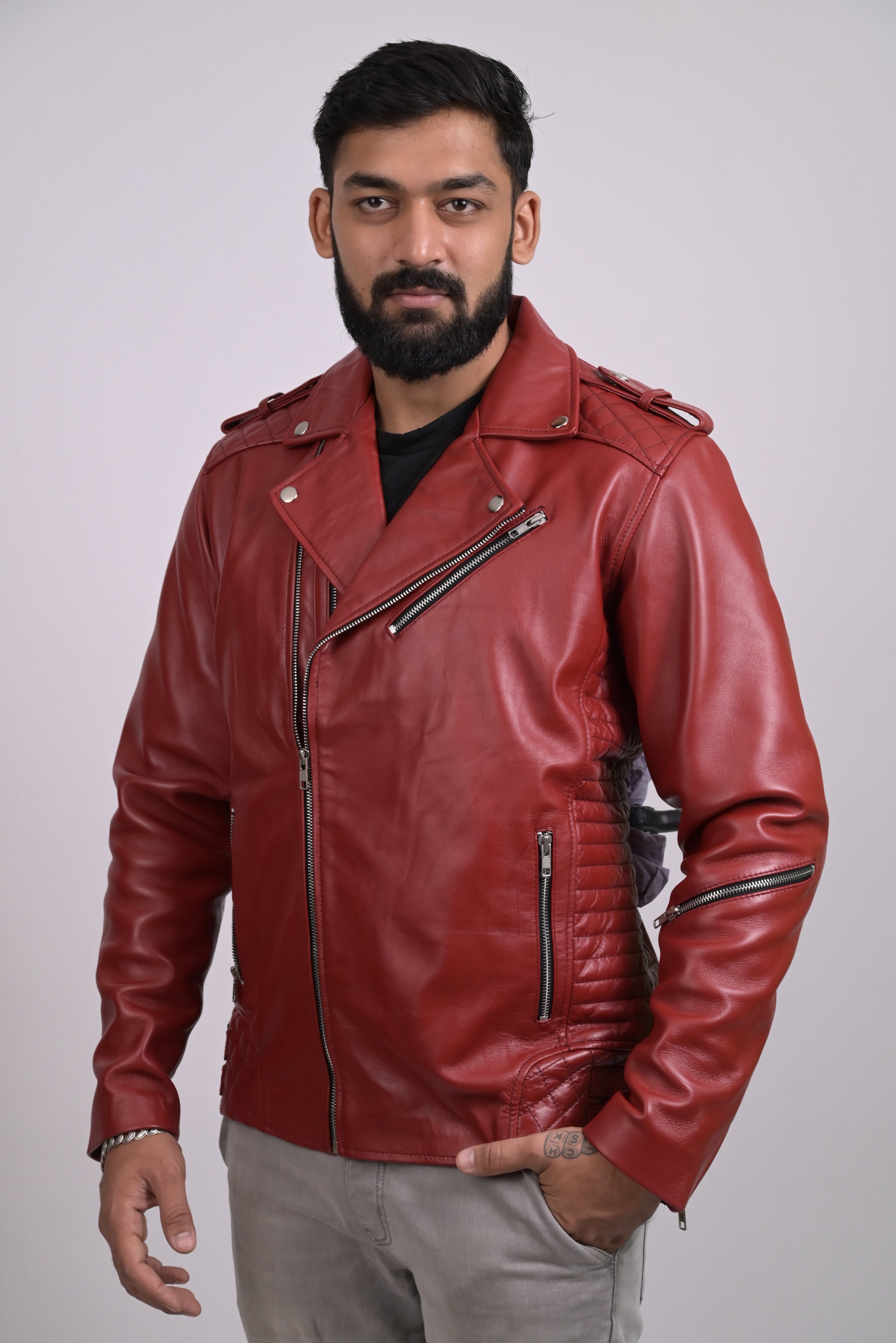 FINEHIDE  BOLD RED BIKER / RIDER GENUINE LEATHER JACKETS FOR MENS