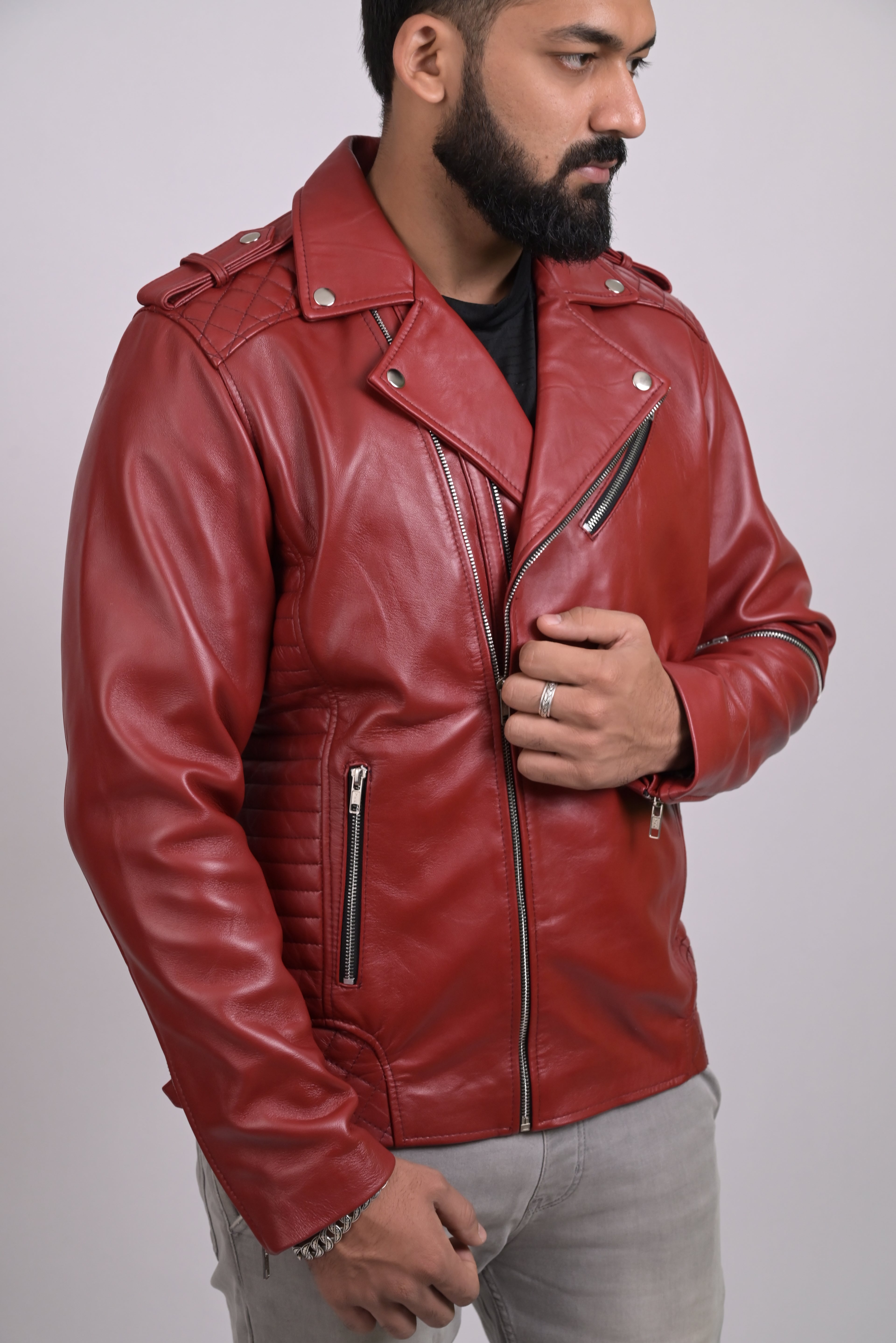 FINEHIDE  BOLD RED BIKER / RIDER GENUINE LEATHER JACKETS FOR MENS