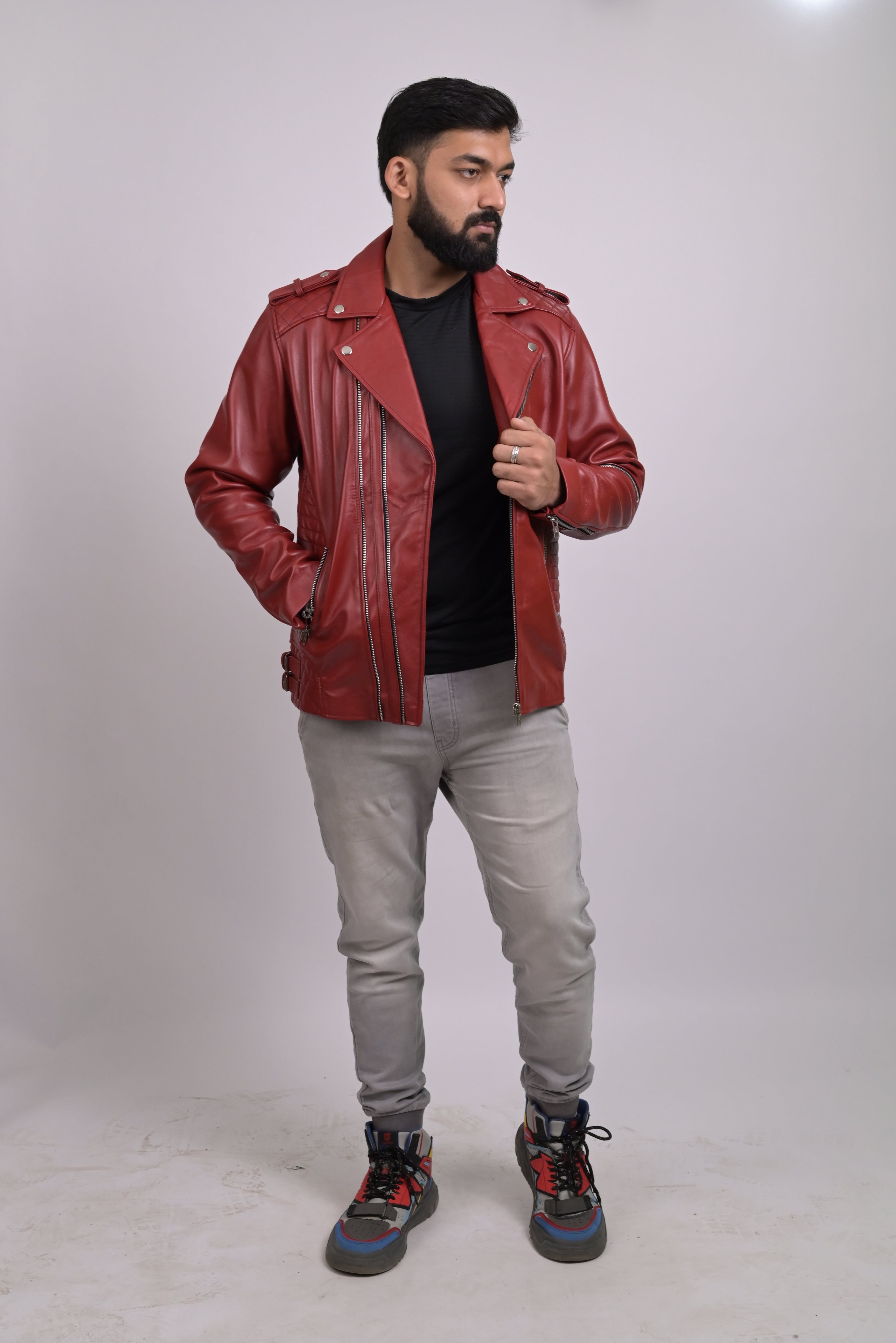 FINEHIDE  BOLD RED BIKER / RIDER GENUINE LEATHER JACKETS FOR MENS