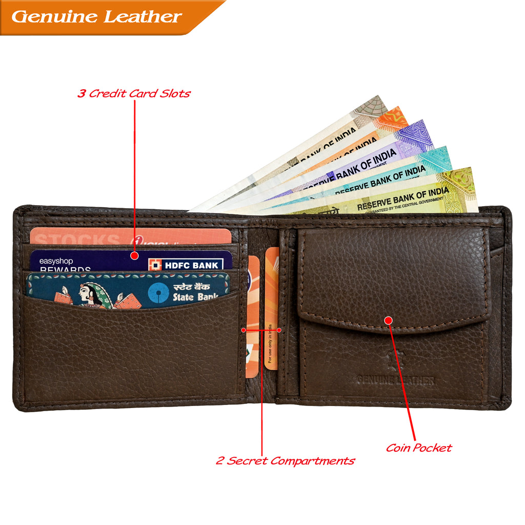 Finehide Classic Bifold Wallet for Men's Dark Brown Genuine Leather, 3 Card Slots, Coin Pocket, Secret Compartments | Premium Gift Box