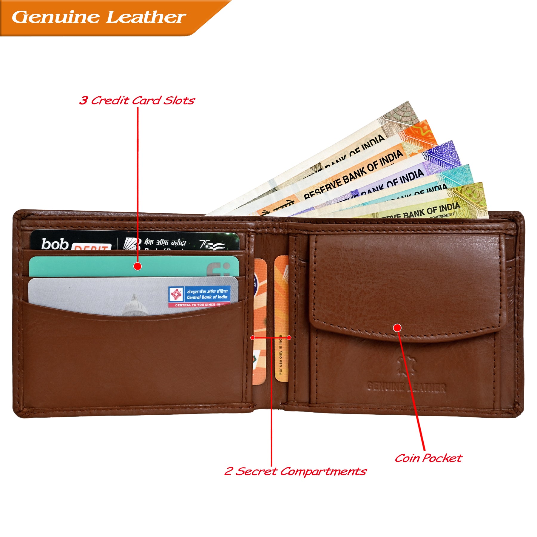 Finehide Classic Bifold Wallet for Men's Tan Genuine Leather, 3 Card Slots, Coin Pocket, Secret Compartments | Premium Gift Box
